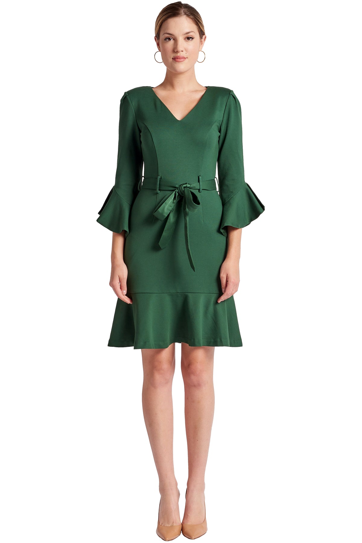thumbnail image 1 of Tayte Dress - Women's V-neck 3/4 sleeve dress with ruffle accents and self belt, 1 of 5