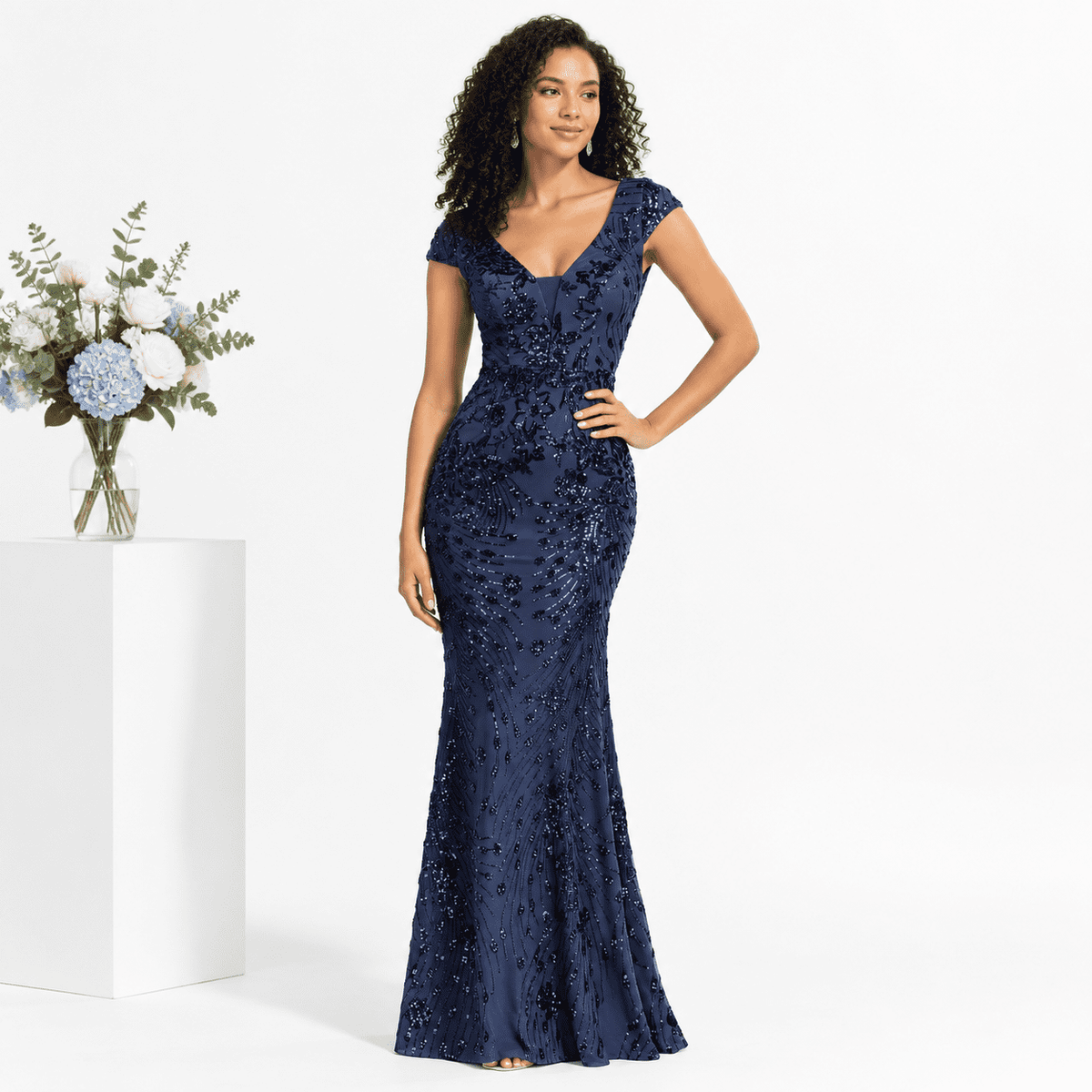 thumbnail image 1 of V-neck Wedding Guest Long Dress With Cap Sleeve And Sequin Embroidered Mermaid Evening Gown For Party & Prom, 1 of 7
