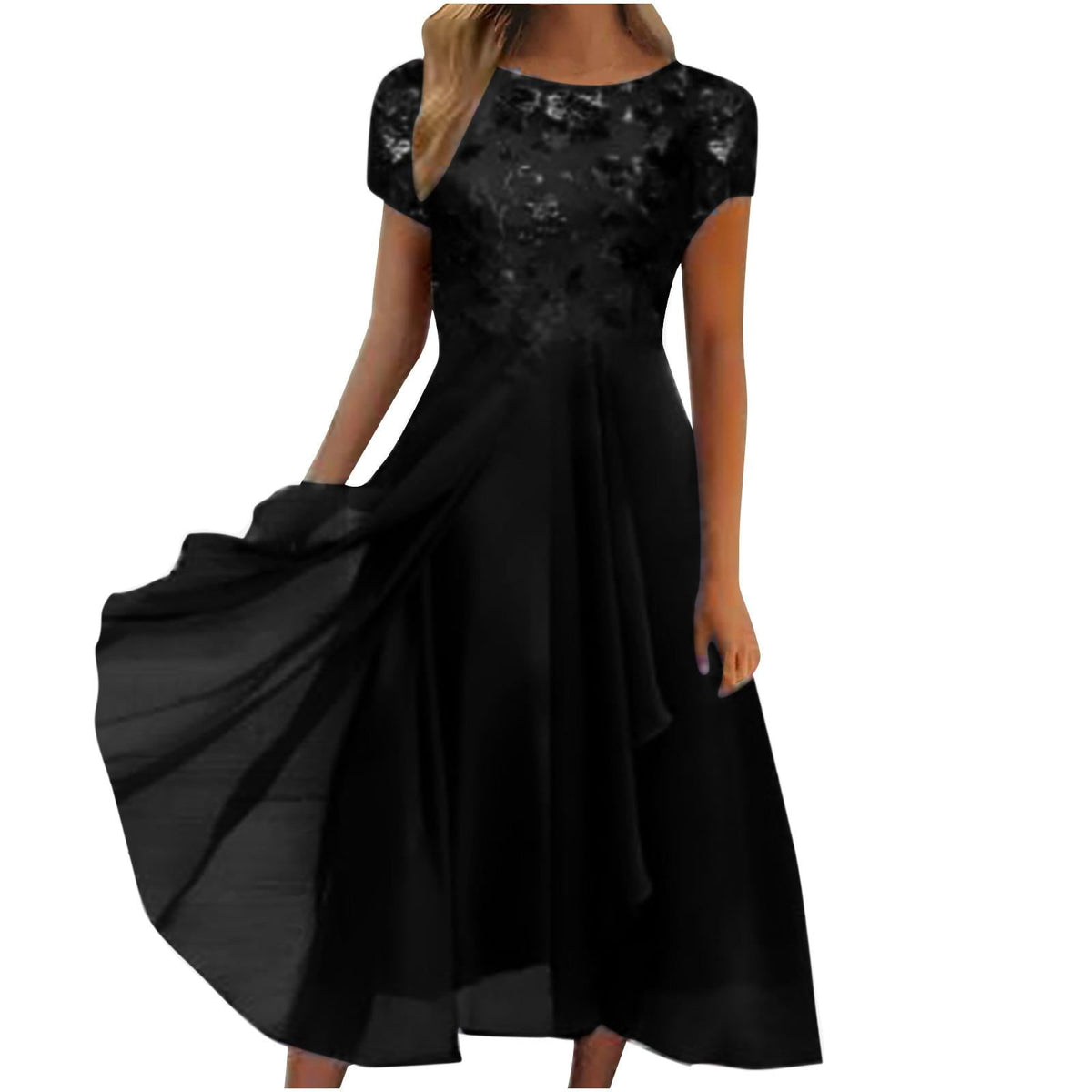 thumbnail image 1 of VERUGU Wedding Guest Dresses for Women Ladies Lace Chiffon Dresses Round Neck Short Sleeve Prom Dresses Elegant Knee Length Midi Dress Evening Party Dresses Black S, 1 of 6