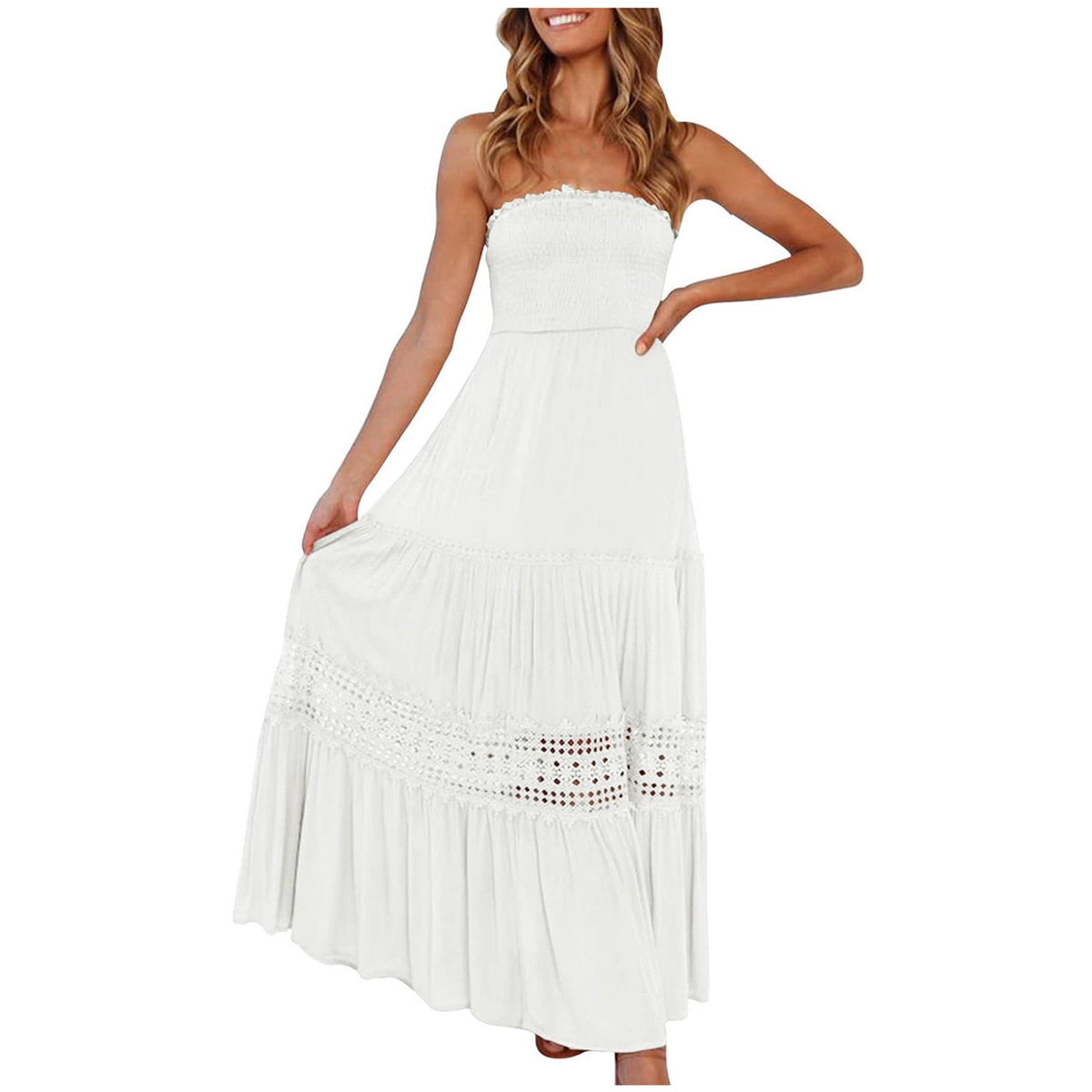 thumbnail image 1 of VSSSJ Women's Summer Sleeveless Tube Top Lace Dresses Solid Color Smocked Off Shoulder Strapless Tiered Cutout Ruffle Maxi Dress White M, 1 of 8
