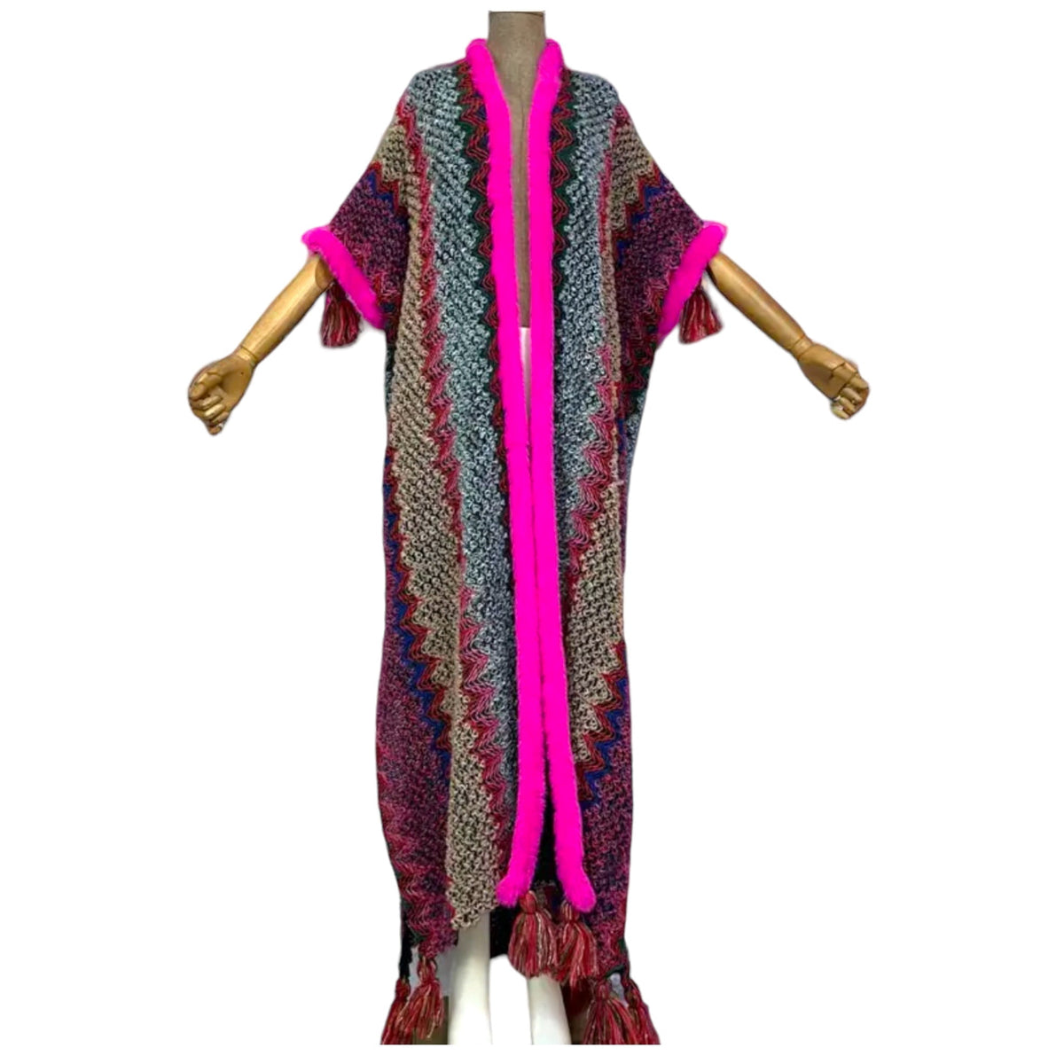 thumbnail image 1 of Woman Bohemian Hot Pink Tassel Knitted Maxi Cardigan, 1 of 3