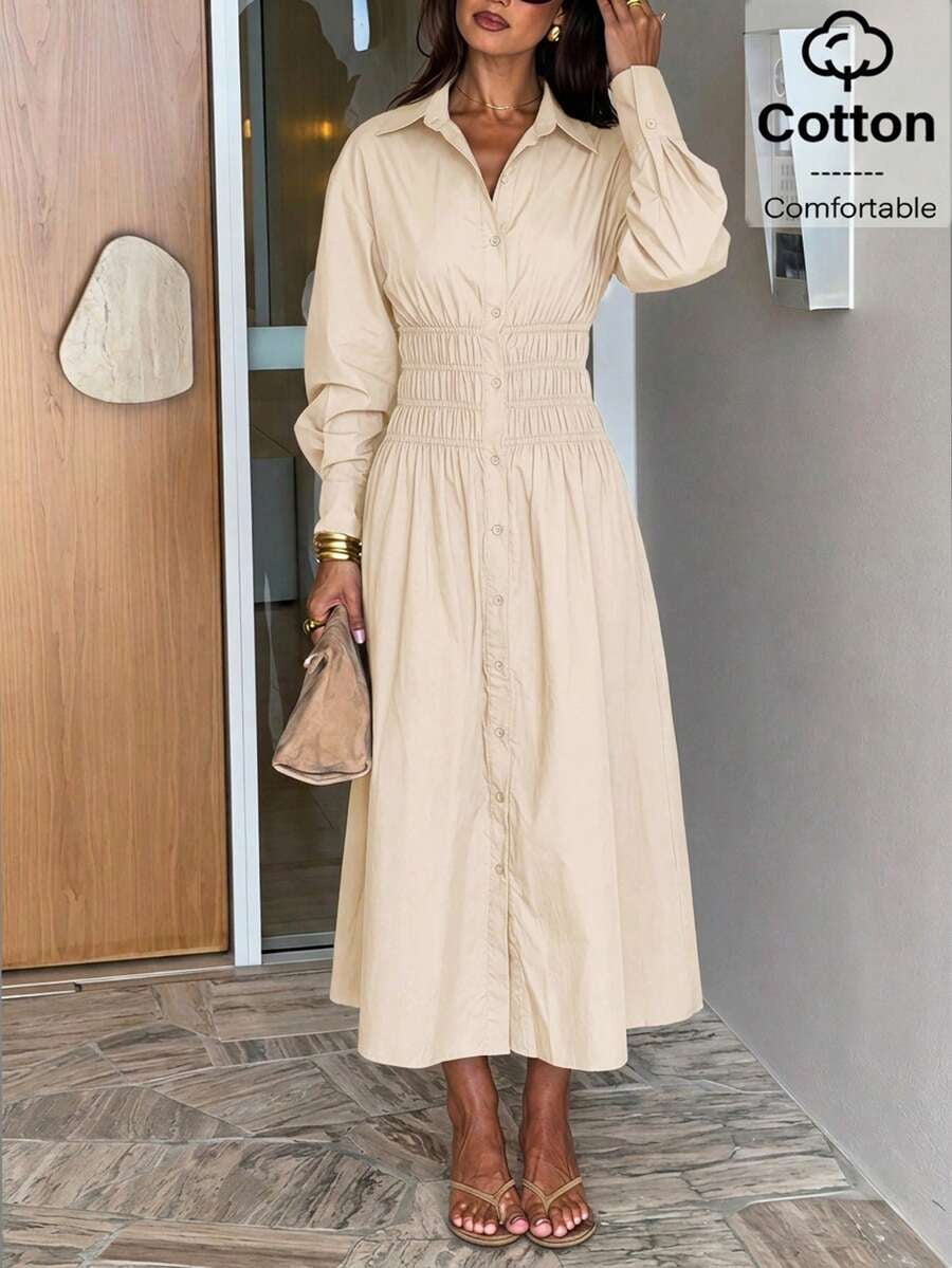 thumbnail image 1 of Women Apricot Cotton Long Shirt Dress Solid Color Button Front Smocked, 1 of 6