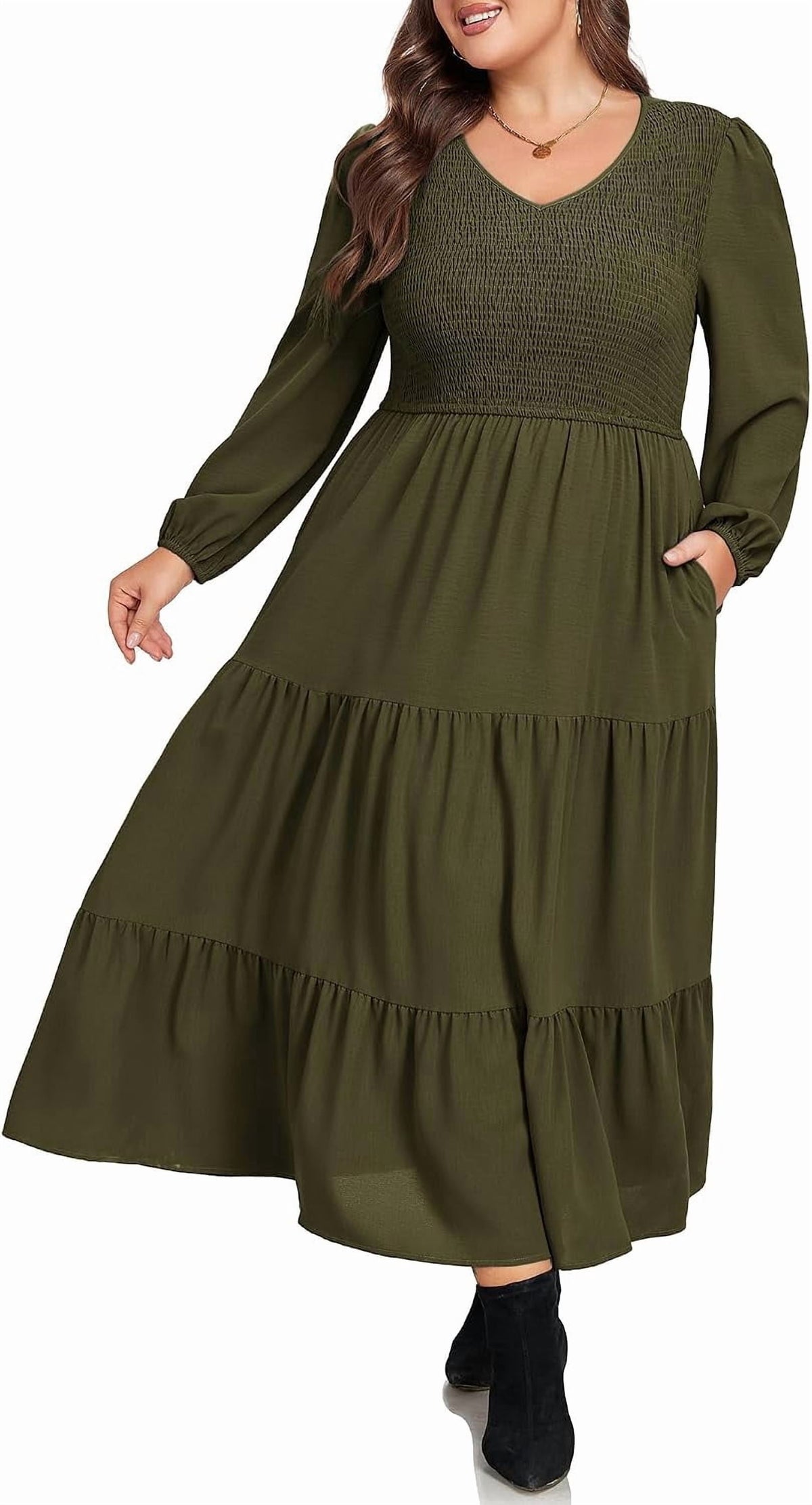 thumbnail image 1 of Women Plus Size Fall Dresses Long Sleeve V Neck Dress Maxi Casual Flowy Tiered 2026 Dress with Pockets, 1 of 5