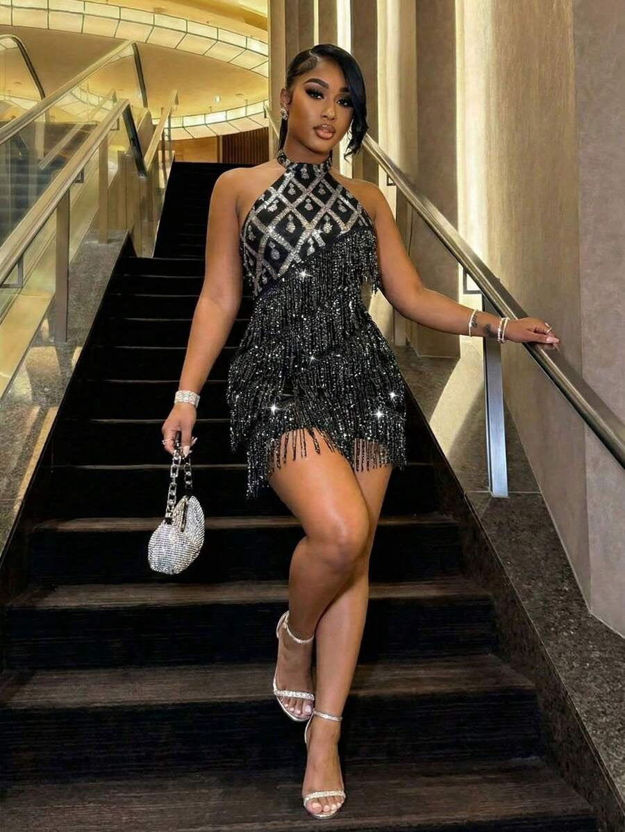 thumbnail image 1 of Women Silver Halter Neck Sequin Tassel Fringe Mini Dress, Backless Party, 1 of 10