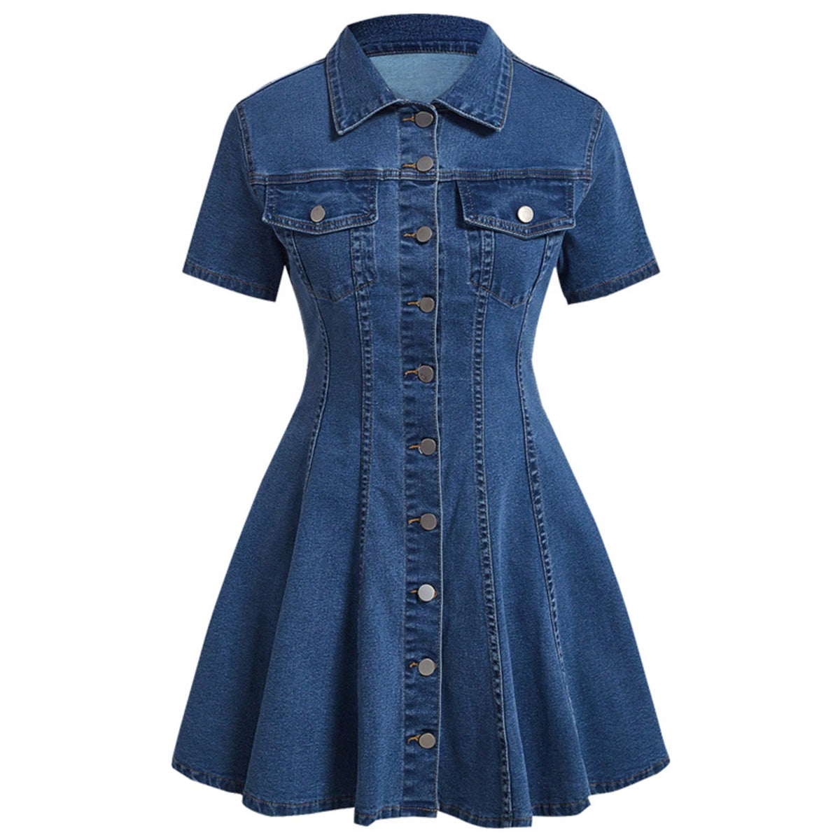 thumbnail image 1 of Women’s Denim Shirt Dress Short Sleeve Button Down Waist Tie Casual Mini Dress, 1 of 3