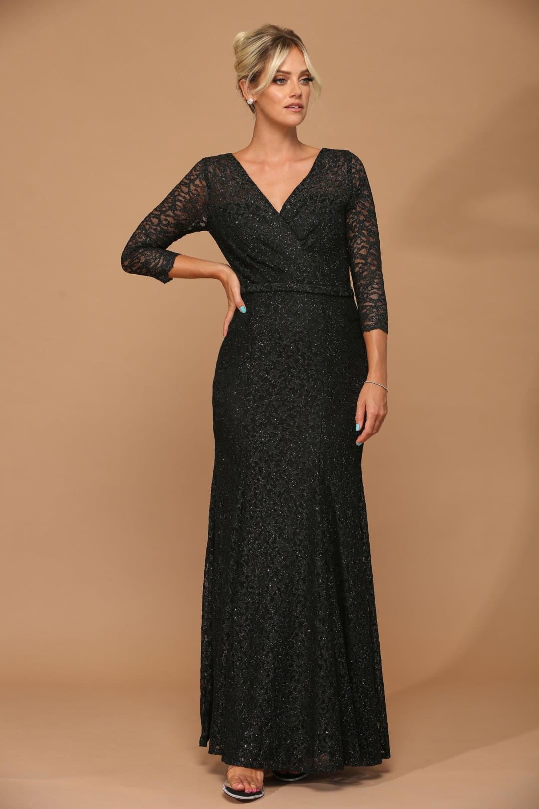 thumbnail image 1 of Women's Eva USA 3450 Long 3 4 Sleeve Mother Of Groom Lace Dress Black S, 1 of 1
