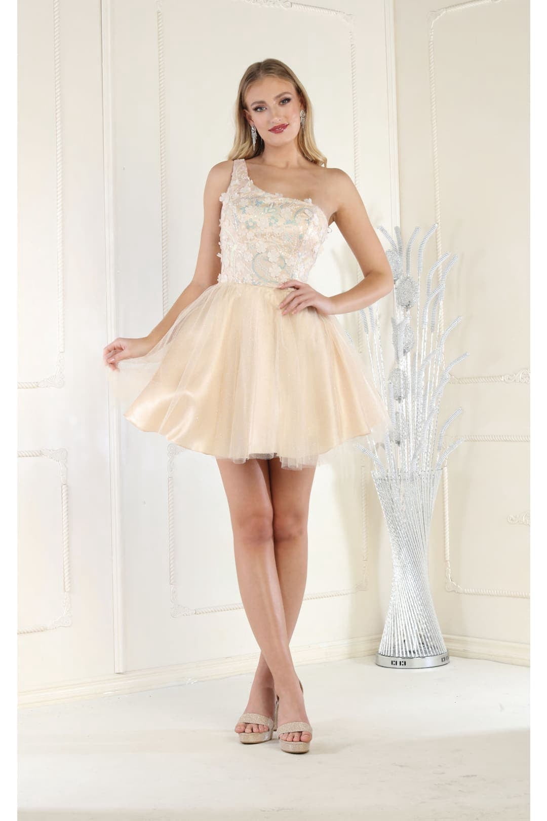 thumbnail image 1 of Women's May Queen Champagne Goldish Beige Bridesmaid Dress MQ1937 Glitter Short 20, 1 of 8