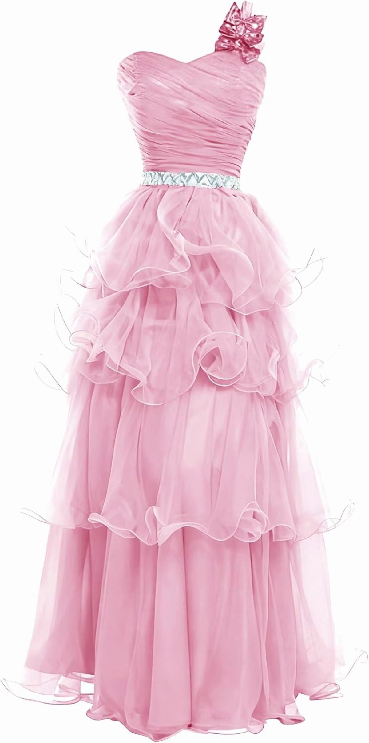 thumbnail image 1 of Women's One‑Shoulder Ruched Layered Ruffle Chiffon Long Formal Evening Dress with Rhinestone Waist Belt, 1 of 6
