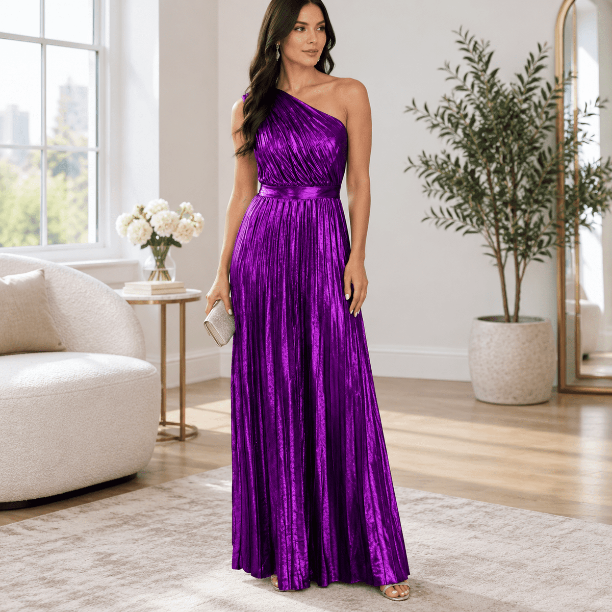 thumbnail image 1 of Women's Purple Metallic One Shoulder Sleeveless Pleated Long Dress, Medium, 1 of 6