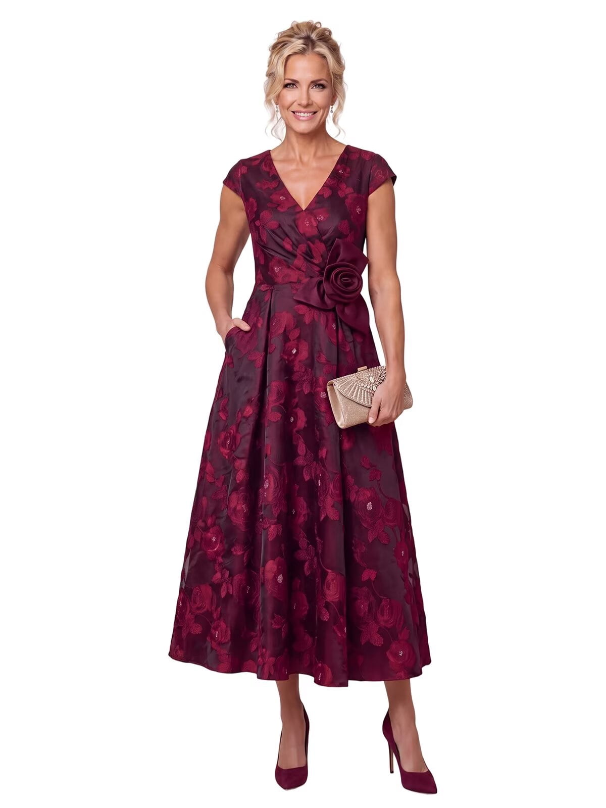 thumbnail image 1 of Women's V Neck Cap Sleeve Mother of the Bride Midi Dress, Floral Jacquard Formal Wedding Guest Gown with Pockets & 3D Rosette, 1 of 11