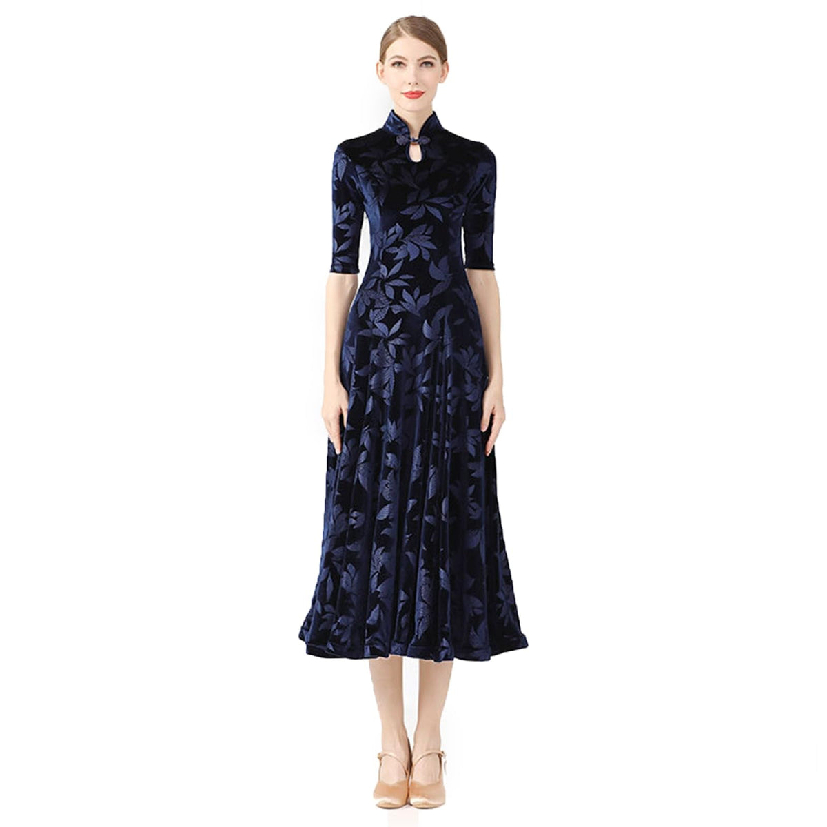 thumbnail image 1 of Women's evening cheongsam long dress. Short - sleeve, slim - fit maxi. Floral faux silk, stand - collar bodycon style., 1 of 6