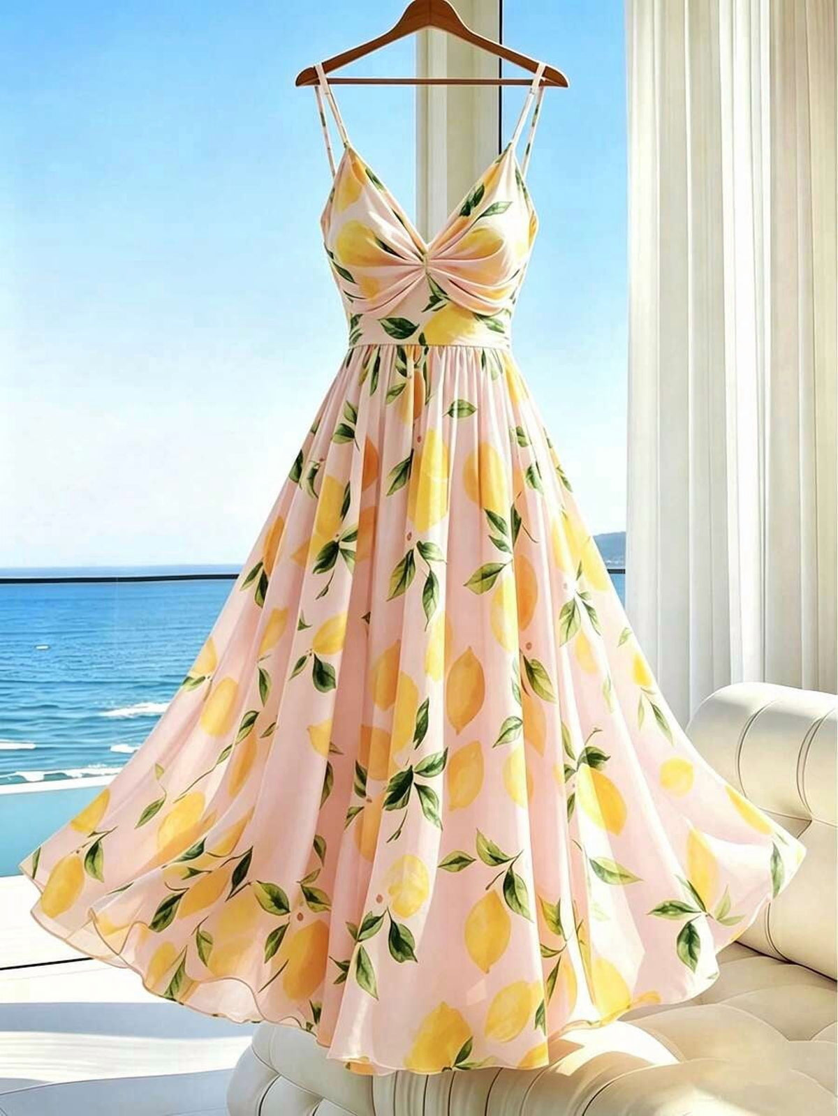 thumbnail image 1 of Womens Baby Pink Lemon Print Spaghetti Strap Summer Dress Full Skirt, 1 of 5