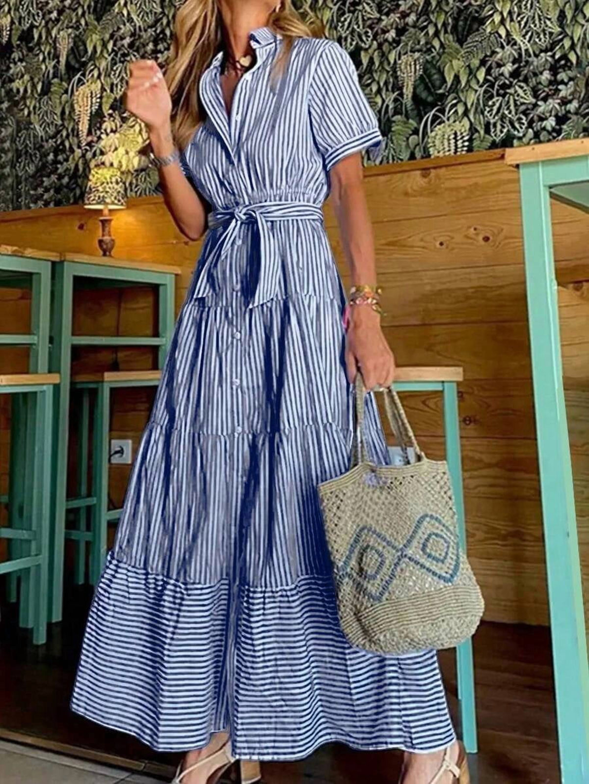 thumbnail image 1 of Womens Blue Striped Short Sleeve Casual Shirt Maxi Dress with Belt and Slit, 1 of 7