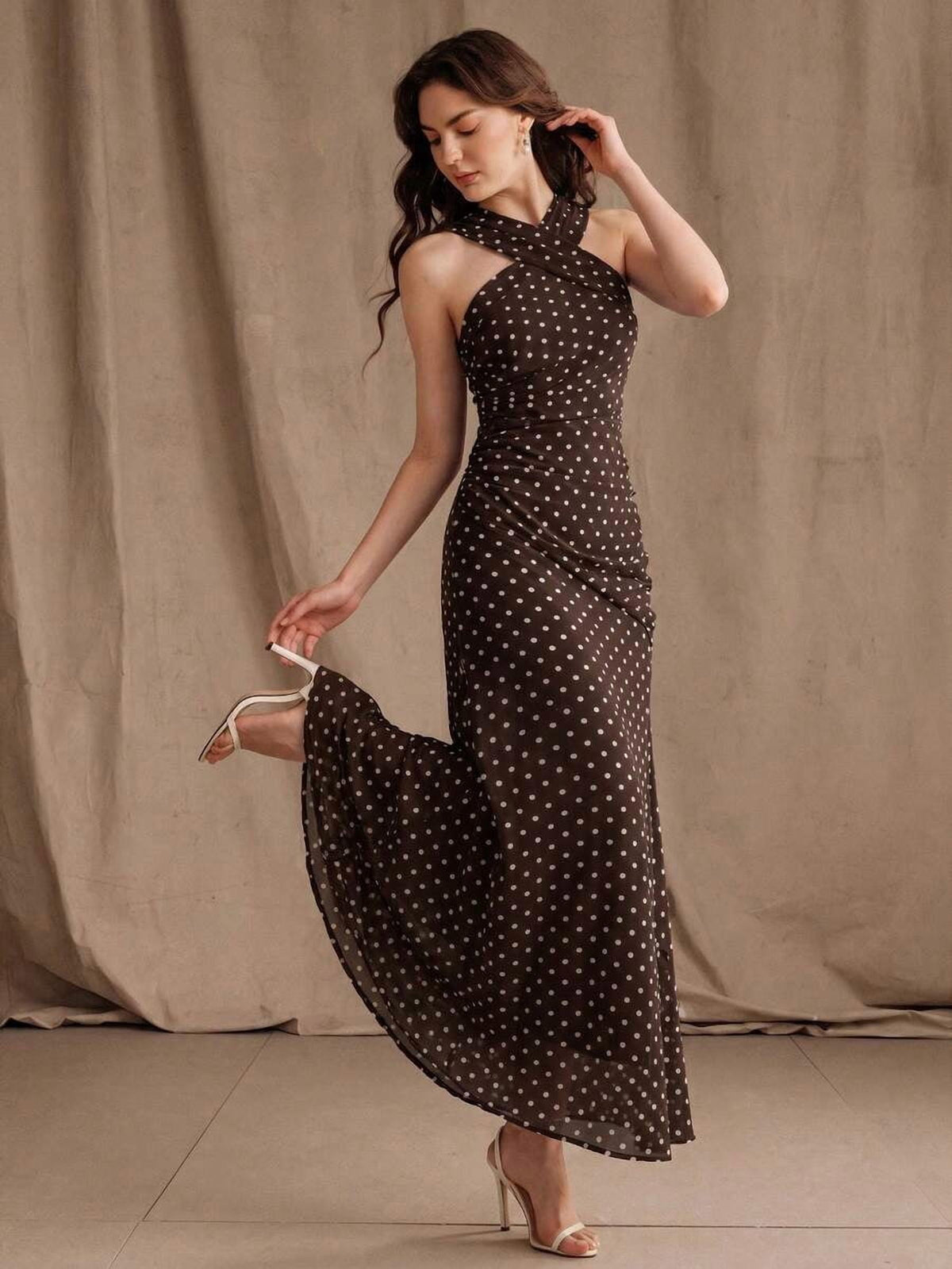 thumbnail image 1 of Womens Coffee Polka Dot Halter Neck Sleeveless Maxi Dress, 1 of 7