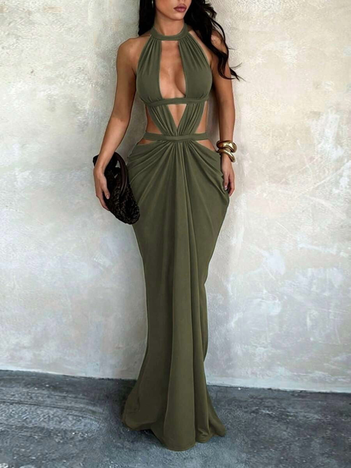 thumbnail image 1 of Womens Dark Green Maxi Dress, Halter Neck Cutout, Elegant Evening Gown For, 1 of 3