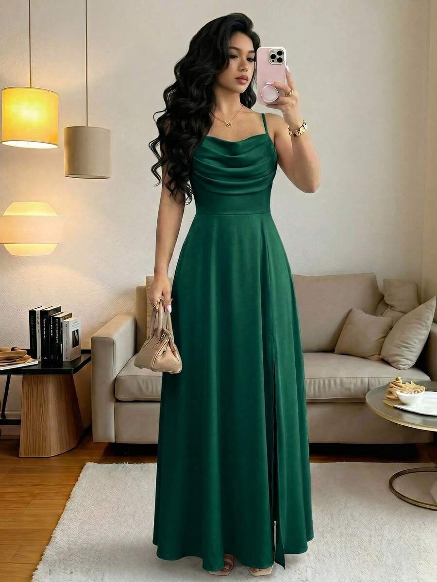 thumbnail image 1 of Womens Dark Green Satin Spaghetti Strap Cowl Neck Evening Gown, 1 of 8