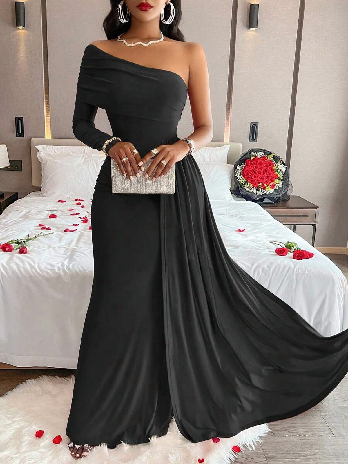 thumbnail image 1 of Womens Elegant Black One-Shoulder Maxi Dress with Asymmetrical Neckline, 1 of 6