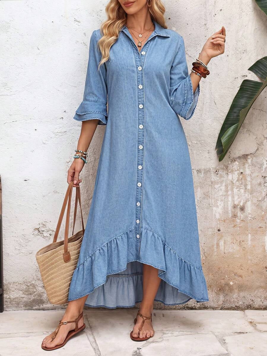 thumbnail image 1 of Womens Light Blue Denim Shirt Dress, Retro 70s Style Bell Sleeves, 1 of 8