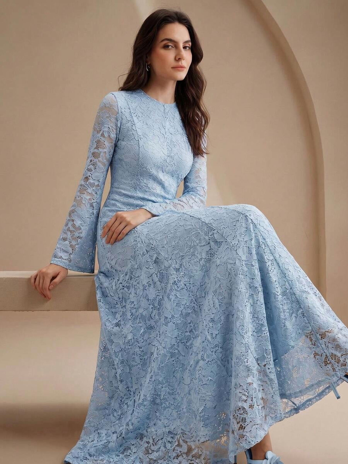 thumbnail image 1 of Womens Light Blue Long Sleeve Lace Maxi Dress, Elegant Round Neck Slim Fit, 1 of 8