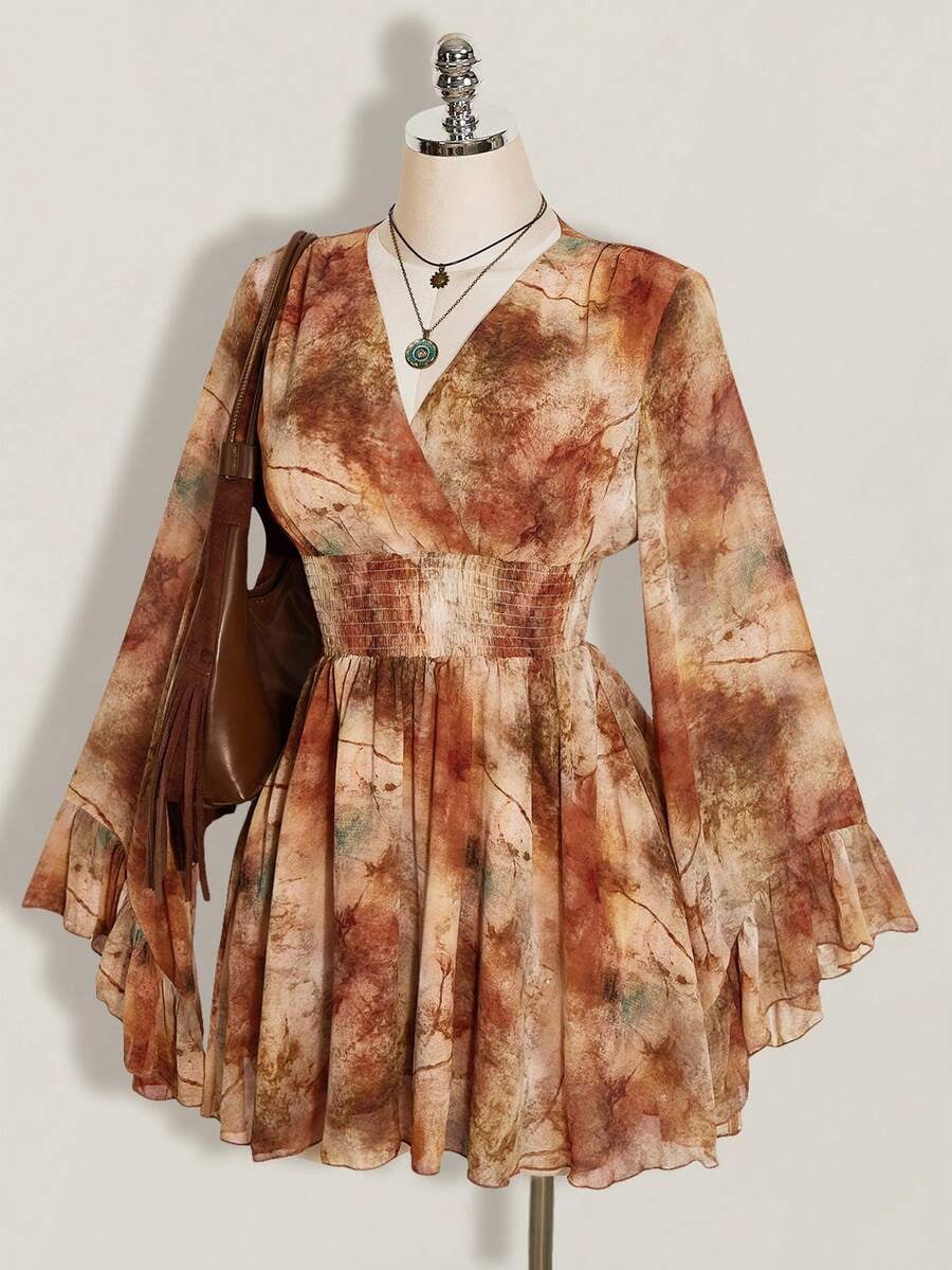 thumbnail image 1 of Womens Multicolor Abstract Print V-Neck Bell Sleeve Mini Dress, 1 of 10