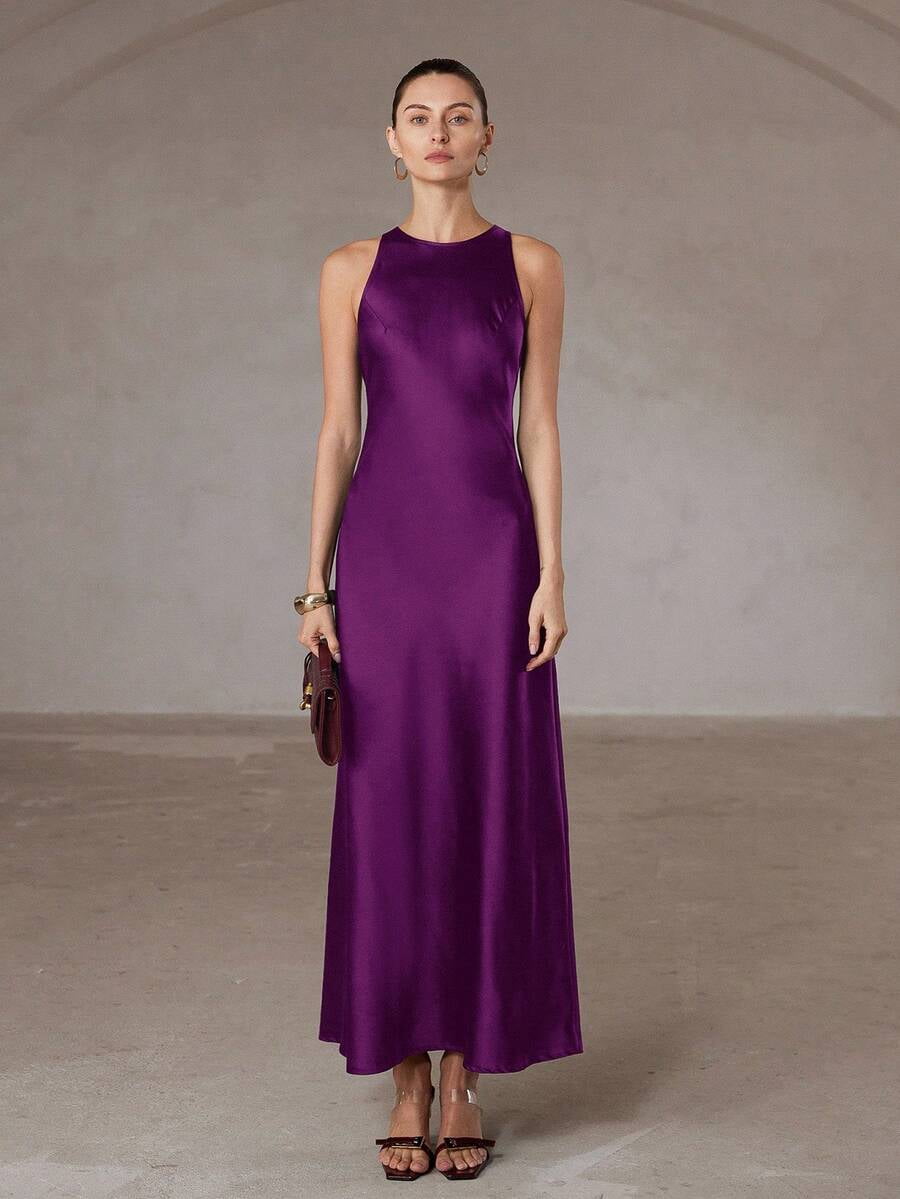 thumbnail image 1 of Womens Red Violet Satin Halter Maxi Dress Formal Elegant Evening Party, 1 of 7