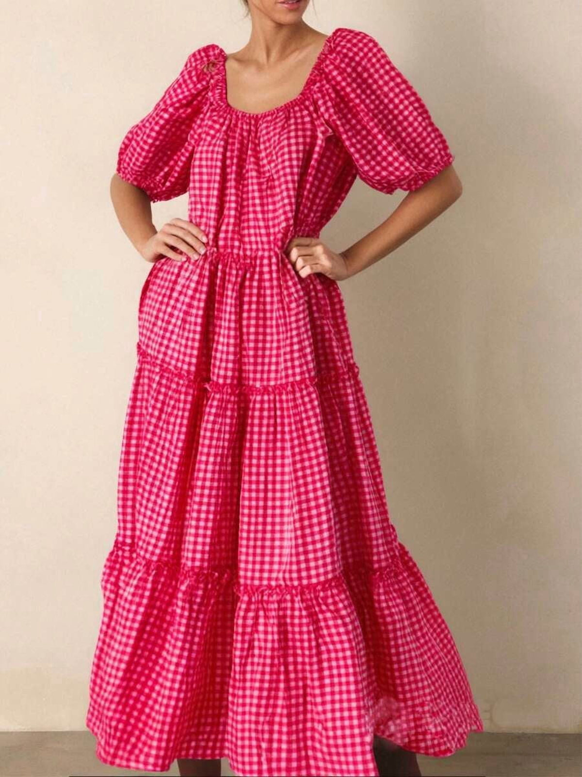thumbnail image 1 of Womens Rose Red Gingham Tiered Puff Sleeve Square Neck Maxi Dress, 1 of 11