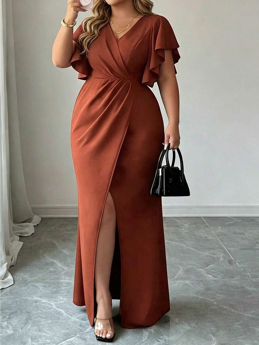 thumbnail image 1 of Womens Rust Brown Ruched Waist Cross V-Neck Long Dress With Ruffle Sleeves, 1 of 5