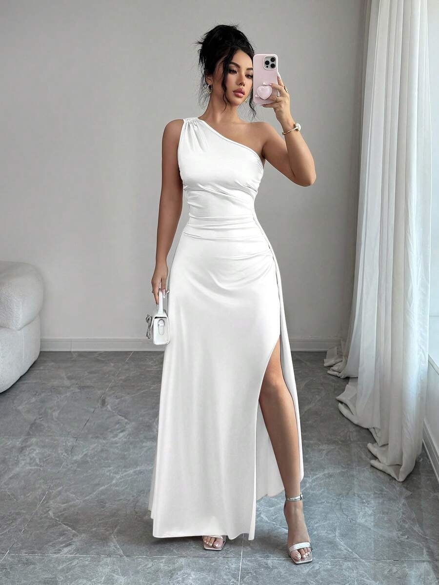 thumbnail image 1 of Womens White Satin One Shoulder Evening Gown with Ruched Waist High Slit, 1 of 6