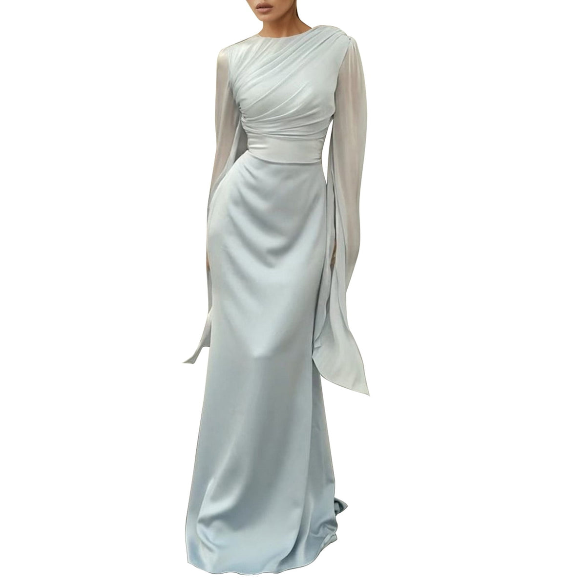 thumbnail image 1 of XIAONU Women's Satin Draped Neck Maxi Dress Bell Sleeve Ruched formal Evening Wedding Party Dresses, 1 of 4