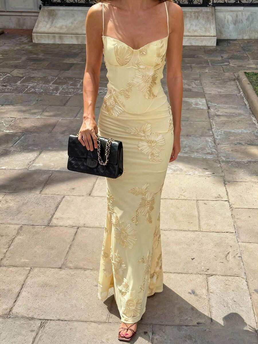 thumbnail image 1 of Yellow Floral Embroidered Spaghetti Strap Evening Gown Maxi Dress, 1 of 12