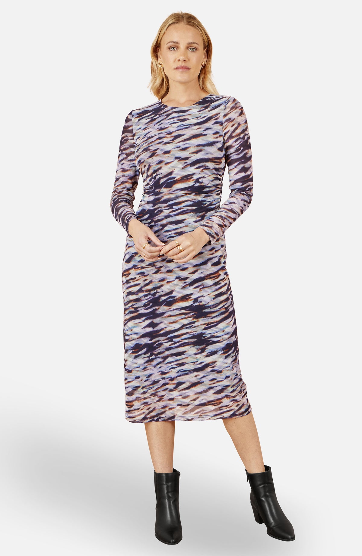 thumbnail image 1 of Yumi Abstract Stripe Ruched Midi Dress - Navy, 4, 1 of 6