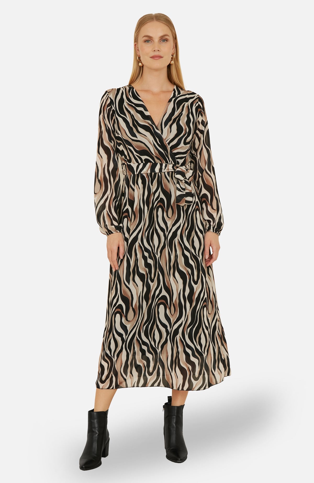 thumbnail image 1 of Yumi Animal Swirl Midi Wrap Dress - Black, 4, 1 of 6