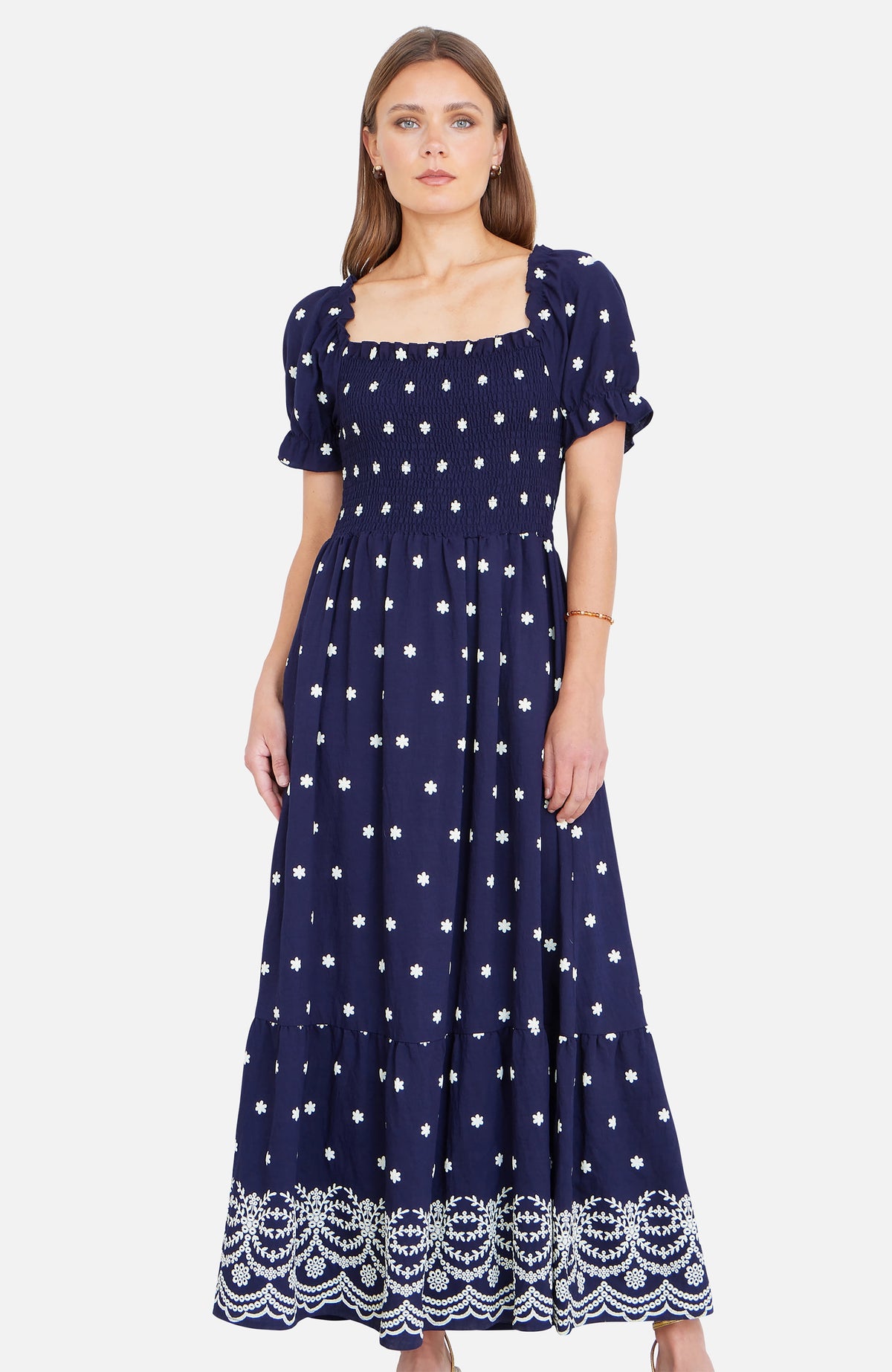 thumbnail image 1 of Yumi Border Hemline Smocked Maxi Dress - Navy, 4, 1 of 5