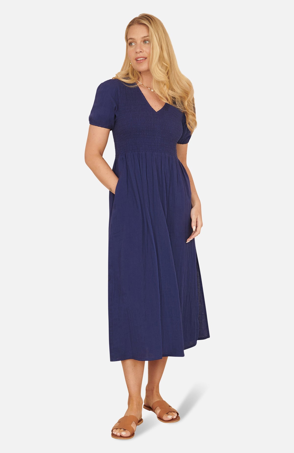 thumbnail image 1 of Yumi Double Cotton Ruched Midi Dress - Navy, 4, 1 of 5