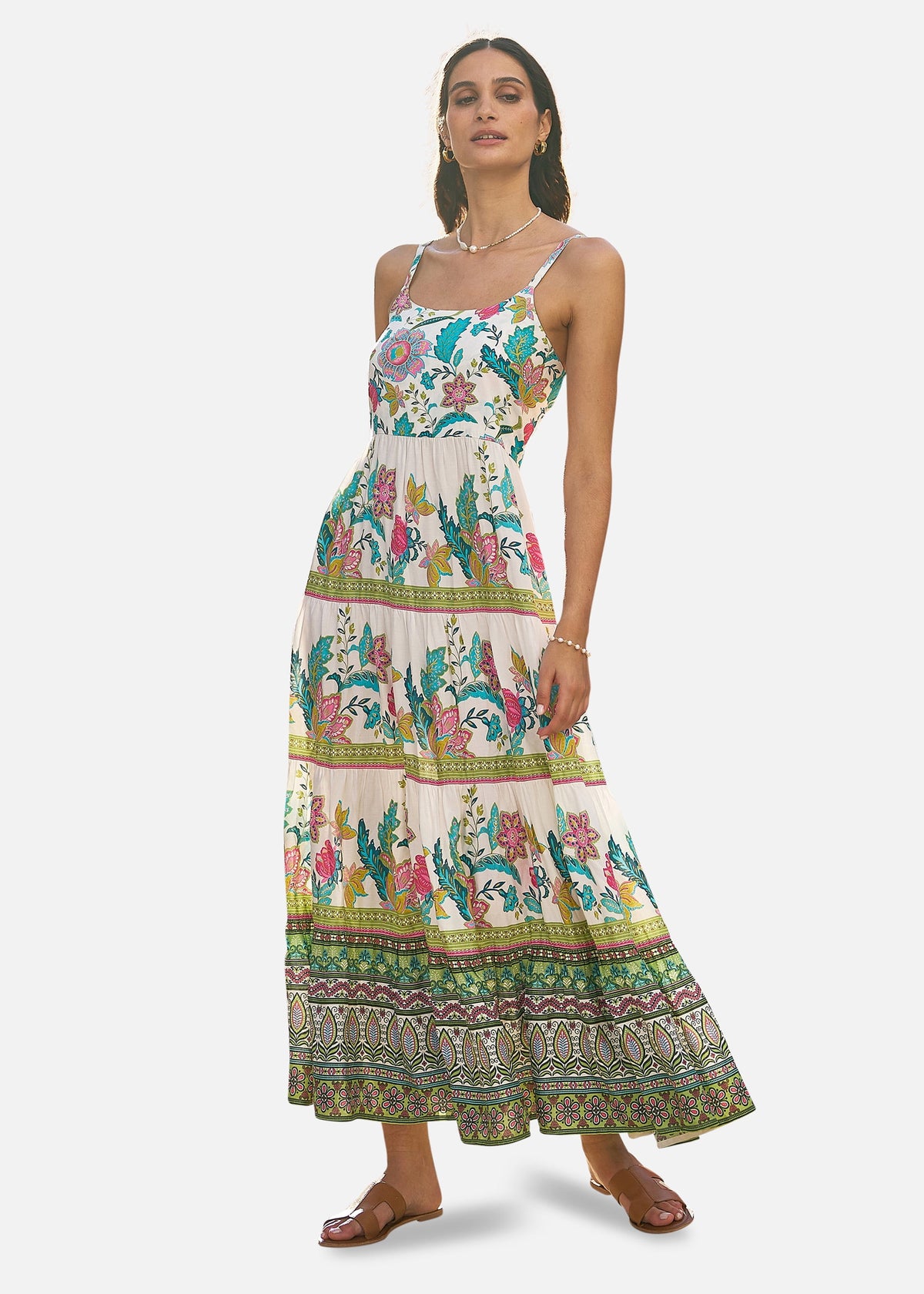 thumbnail image 1 of Yumi Floral Block Print Tiered Maxi Sun Dress - White, 8, 1 of 3