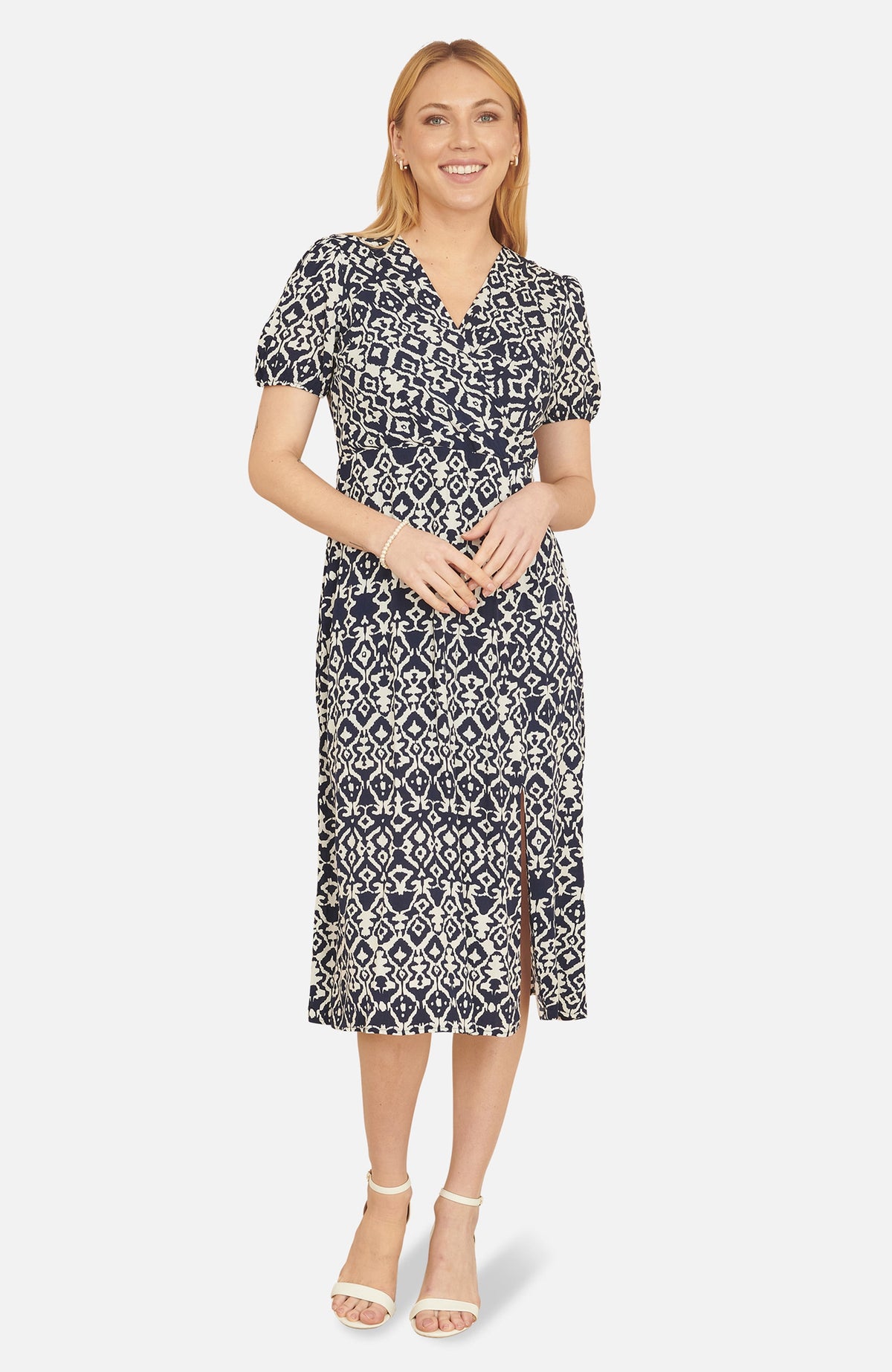 thumbnail image 1 of Yumi Ikat Print Split Hem Midi Dress - Navy, 4, 1 of 6