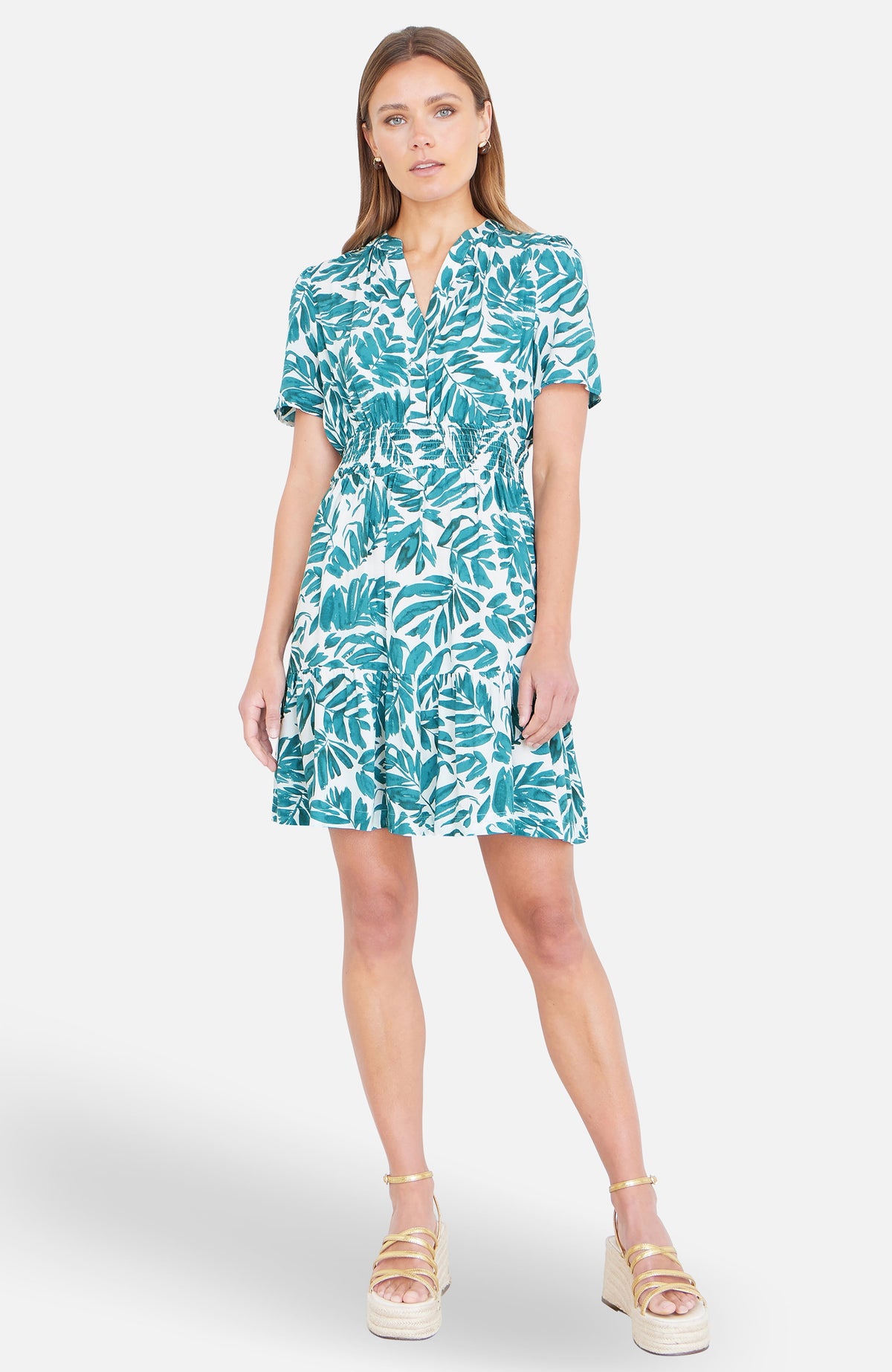 thumbnail image 1 of Yumi Leaf Print Mini Dress - Green, 4, 1 of 5