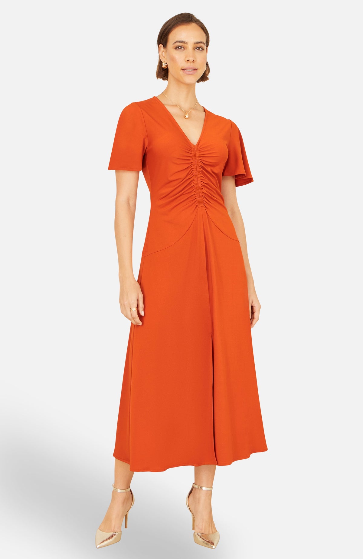 thumbnail image 1 of Yumi Ruched Front Stretch Midi Dress - Orange, 10, 1 of 5