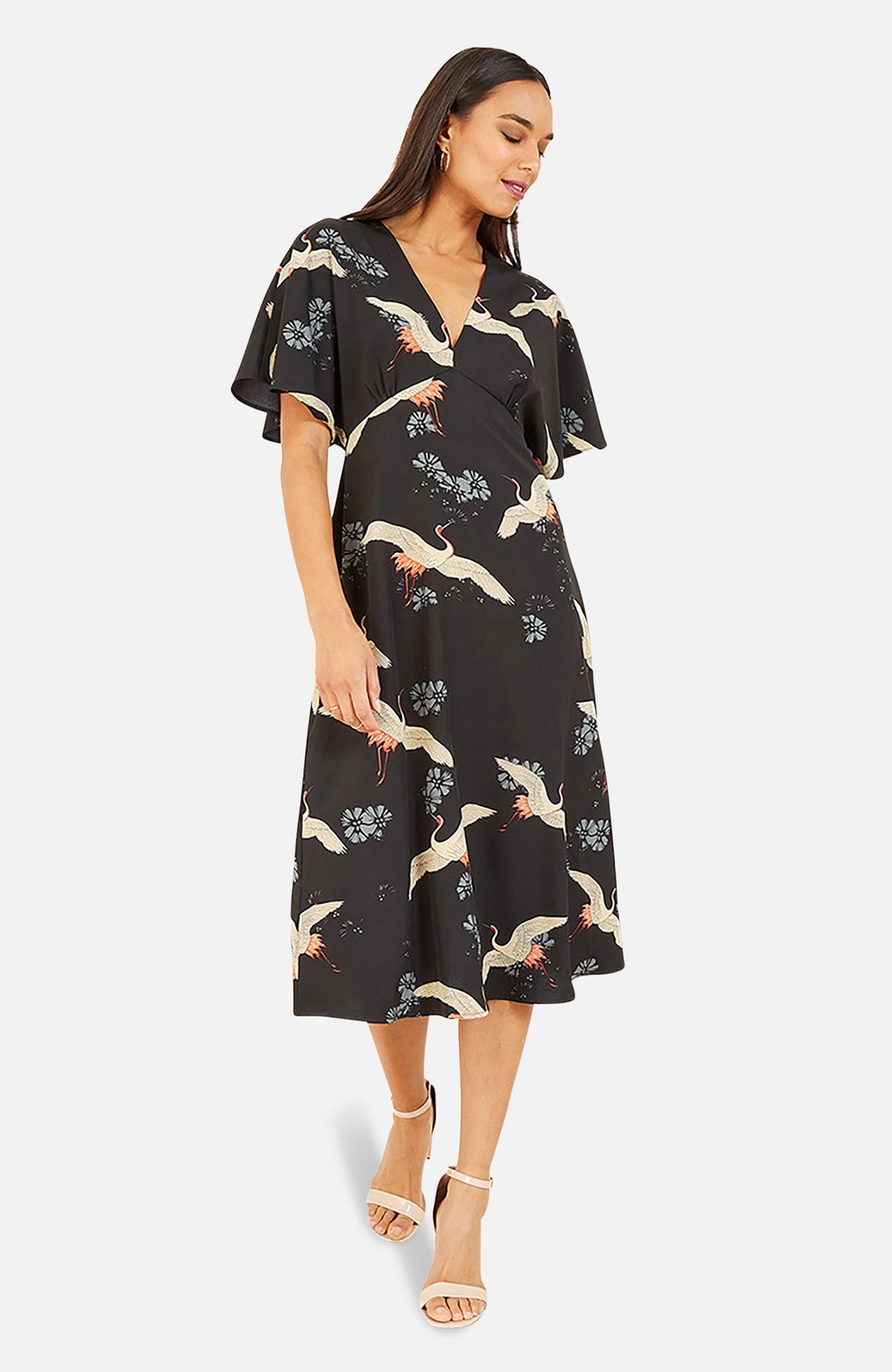 thumbnail image 1 of Yumi Short Sleeve V-Neck Printed Midi Dress - Black, 6, 1 of 5