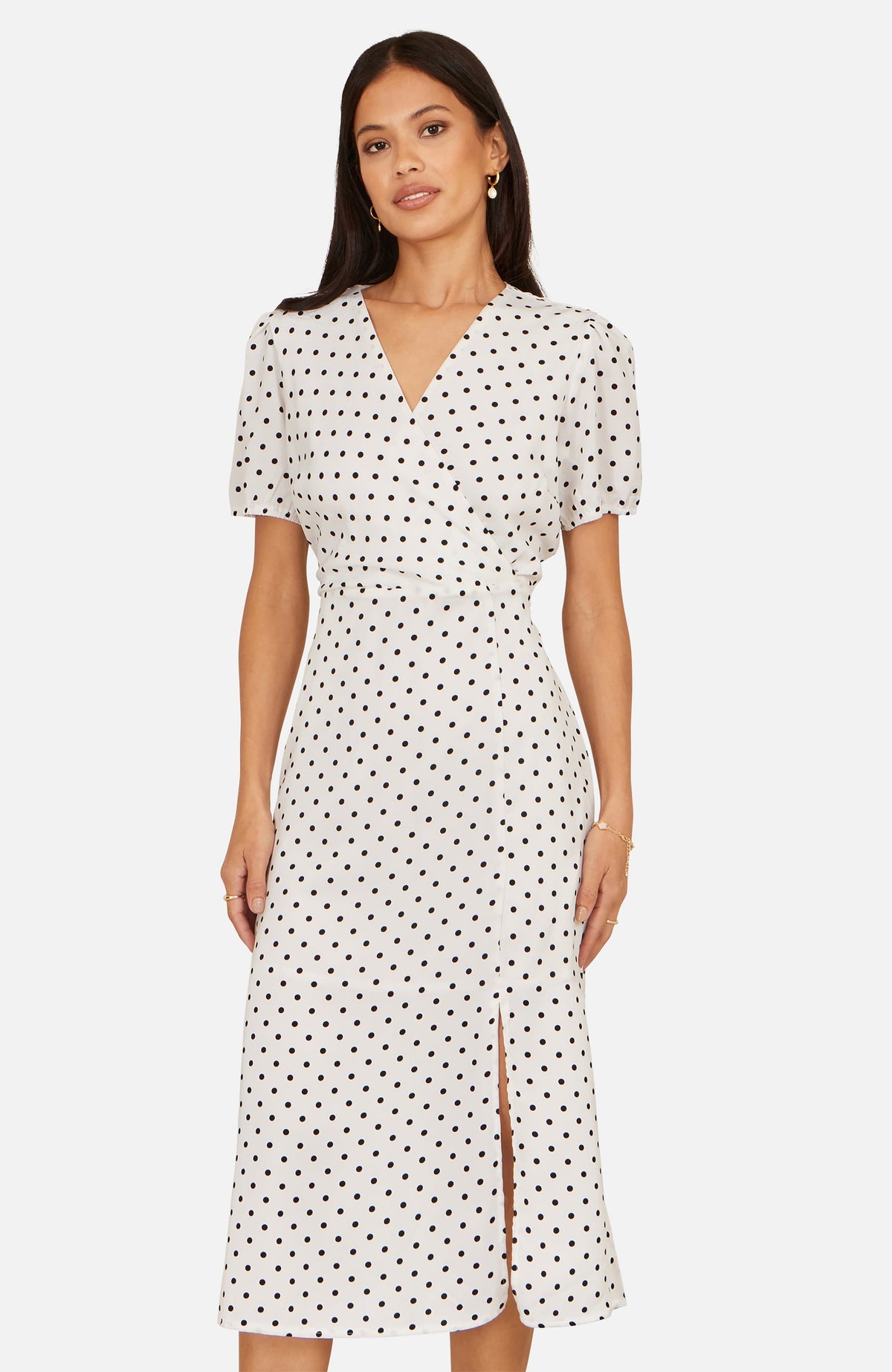 thumbnail image 1 of Yumi Spot Print Wrap Tea Dress - White, 4, 1 of 5