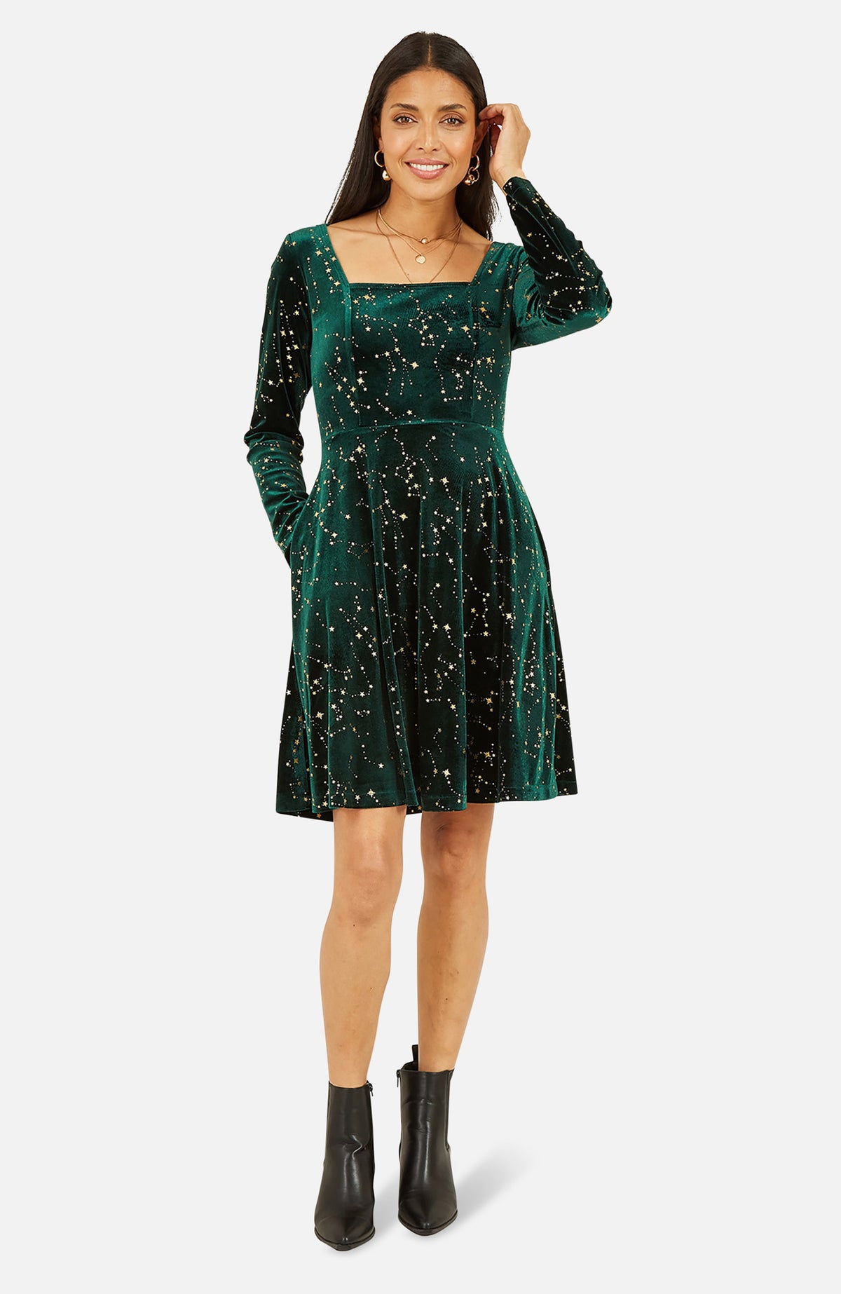 thumbnail image 1 of Yumi Star Foil Print Skater Dress - Green, 14, 1 of 6
