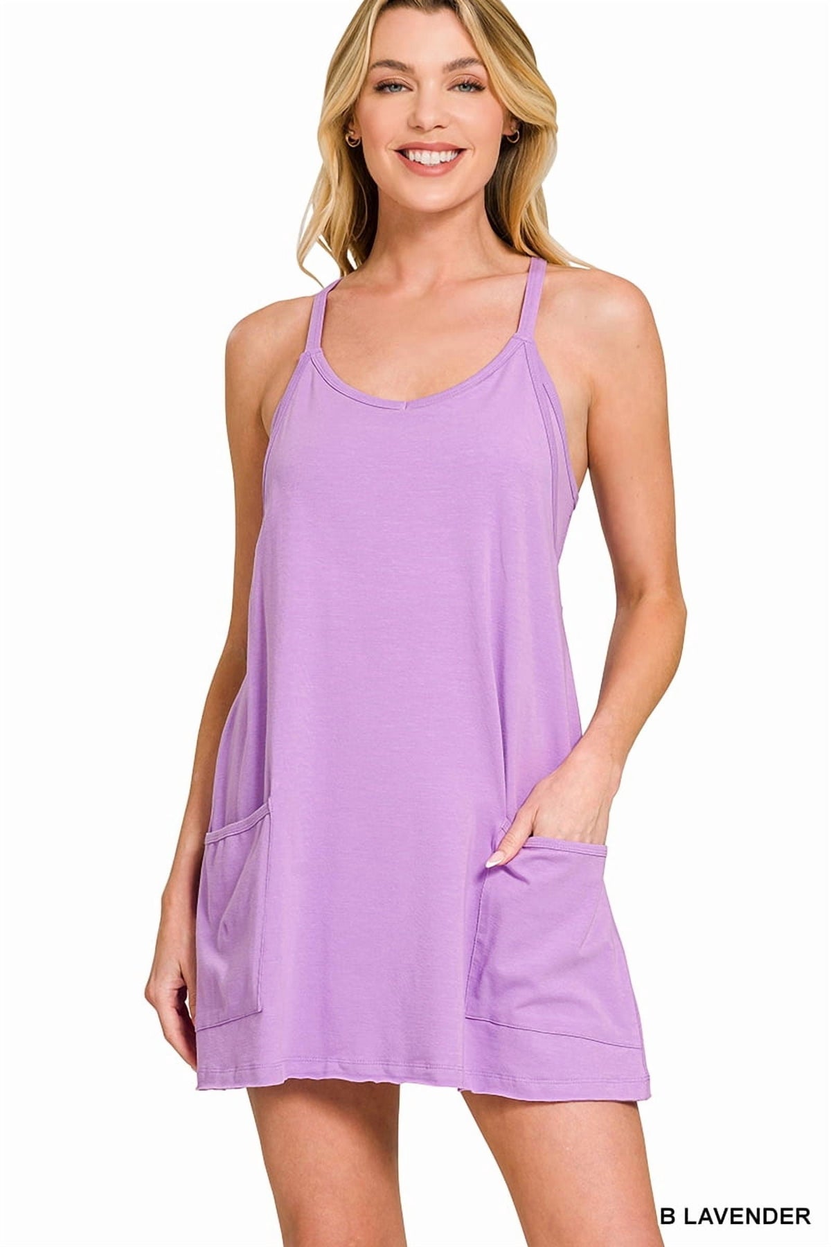 thumbnail image 1 of Zenana Women’s Adjustable Sleeveless Racerback Mini Dress with Built-In Romper Liner – Athletic Casual Activewear Dress, 1 of 8