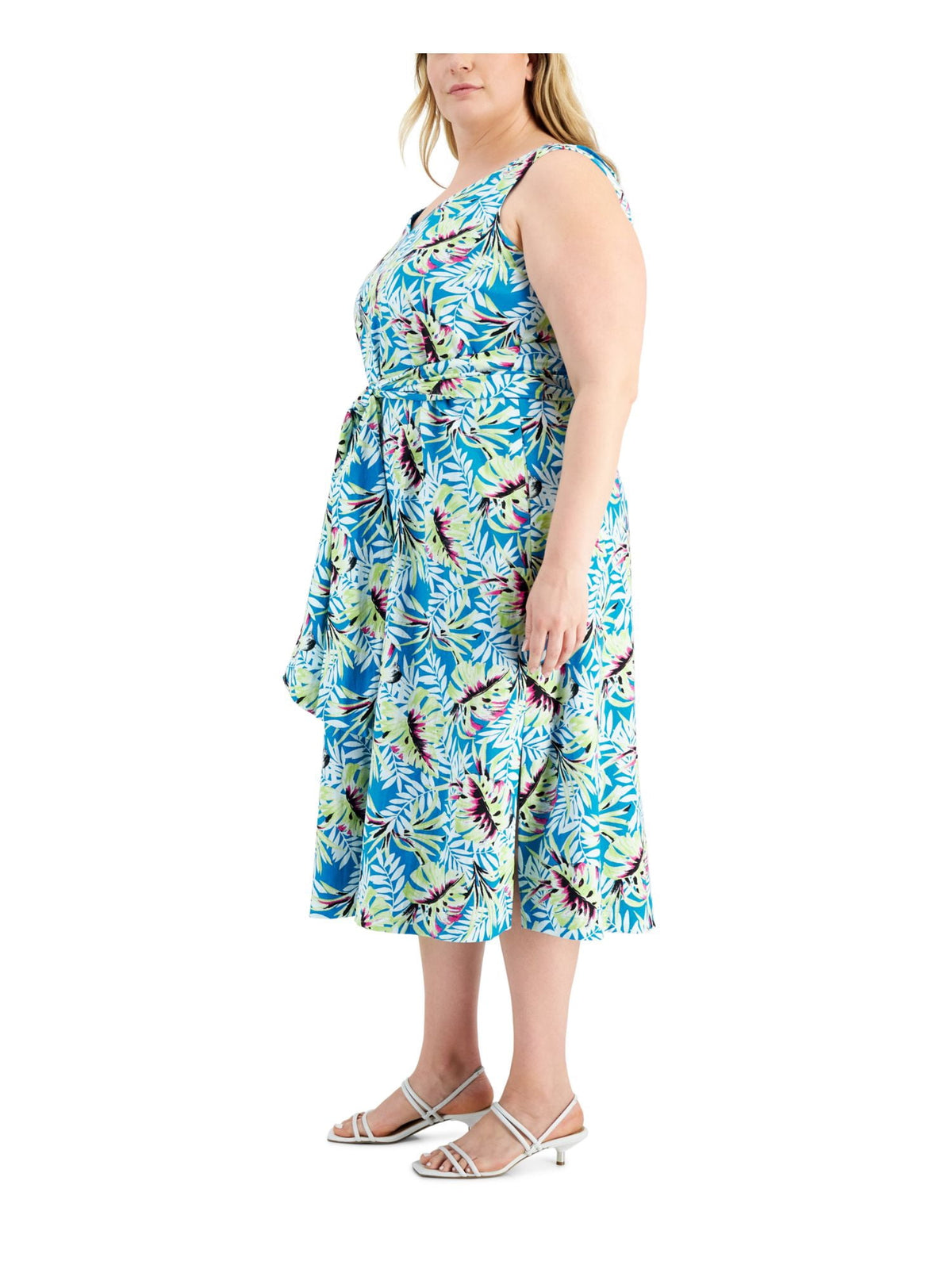 thumbnail image 3 of ANNE KLEIN Womens Teal Tie Lined Hook And Eye Closure Printed Sleeveless V Neck Midi Fit + Flare Dress Plus 3X, 3 of 4
