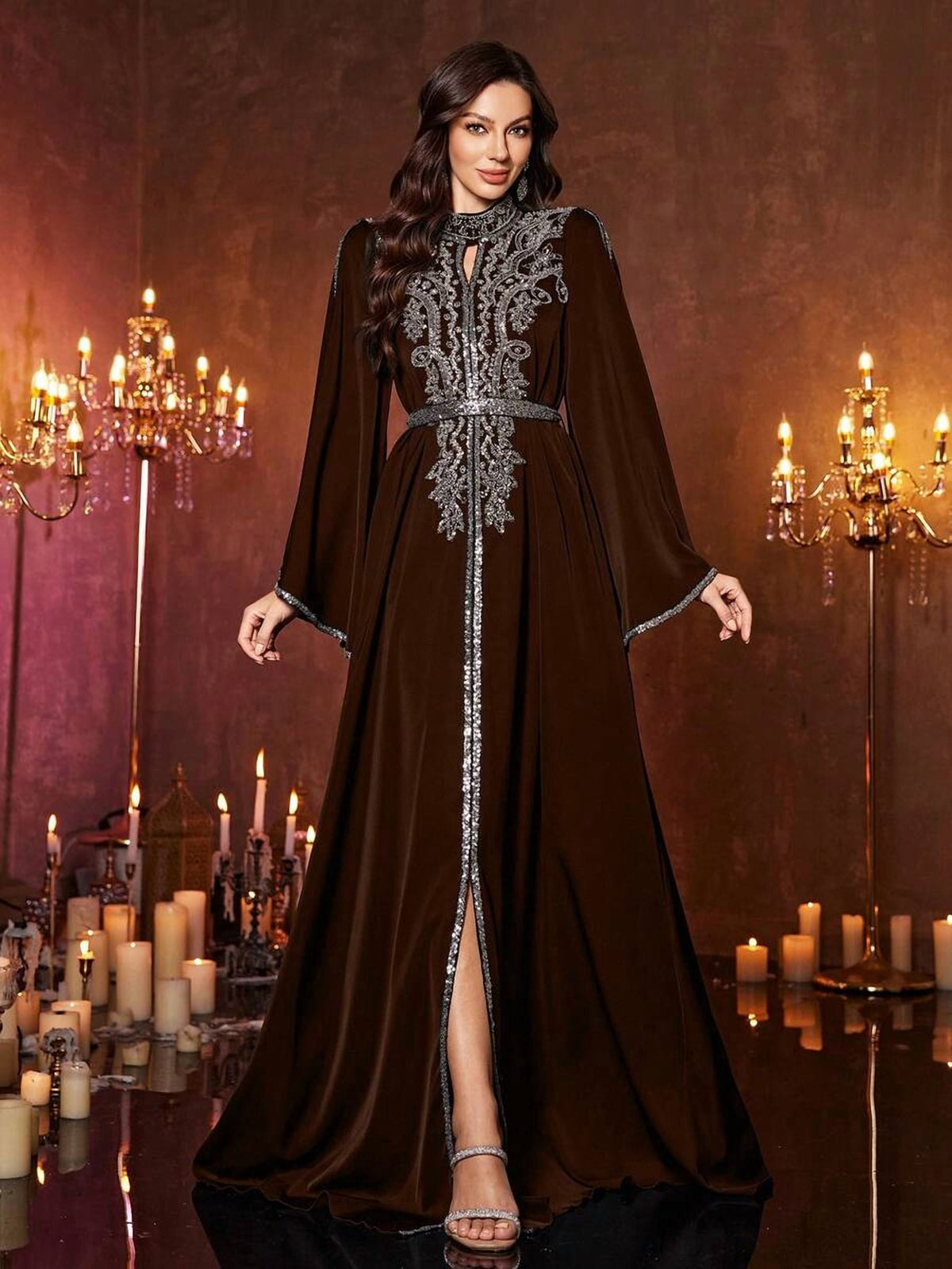 thumbnail image 4 of Coffee Brown Womens Luxury Evening Kaftan Maxi Dress Sequin Embroidered, 4 of 6