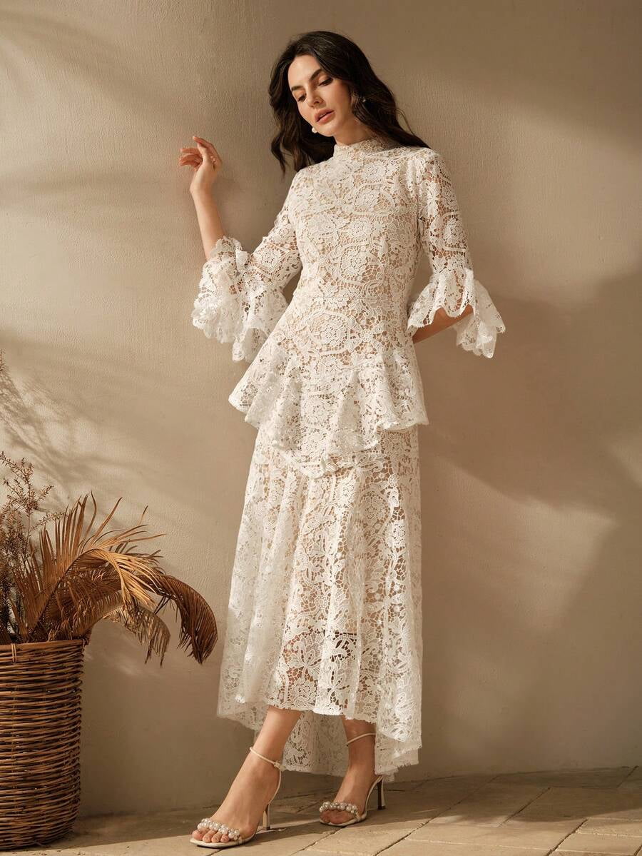 thumbnail image 4 of Beige Lace Overlay Midi Dress With Ruffle Hem And High Neck, 4 of 28