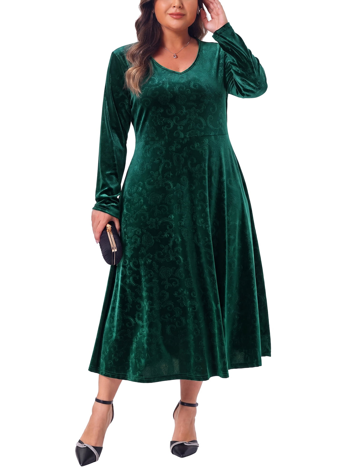 thumbnail image 4 of Agnes Orinda Women's Plus Size Halloween Outfits Velvet Jacquard V Neck Long Sleeve Flowy Dress Cocktail Evening Party Maxi A Line Dresses L Green, 4 of 9