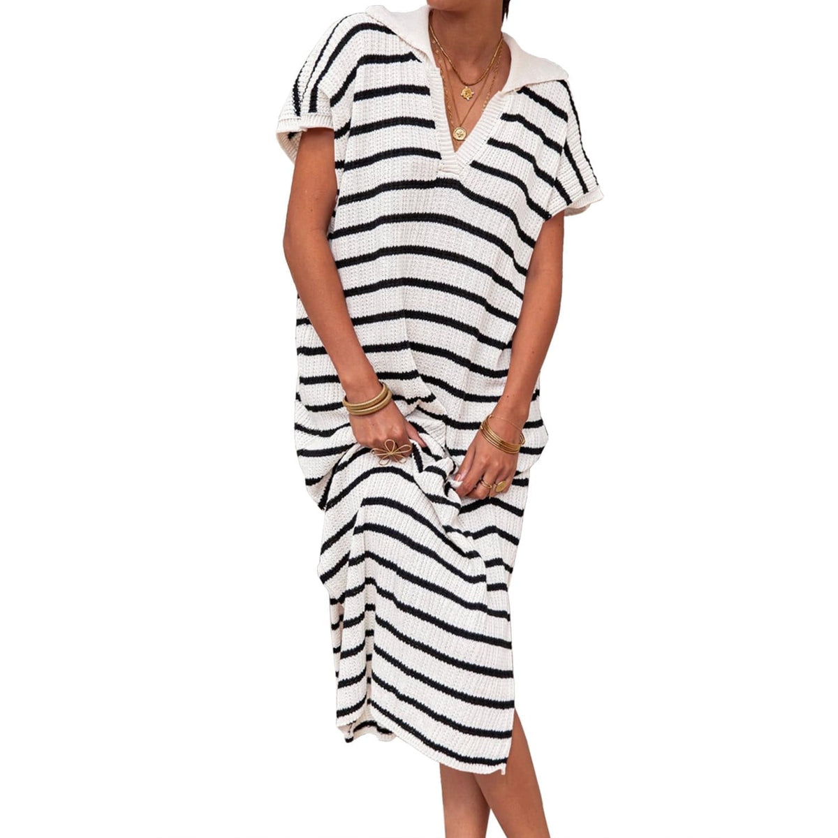 thumbnail image 2 of Short Sleeved Women V-neck Casual Loose Knit Dress Lapel Striped Print Straight Knee Sweater Dress, 2 of 5