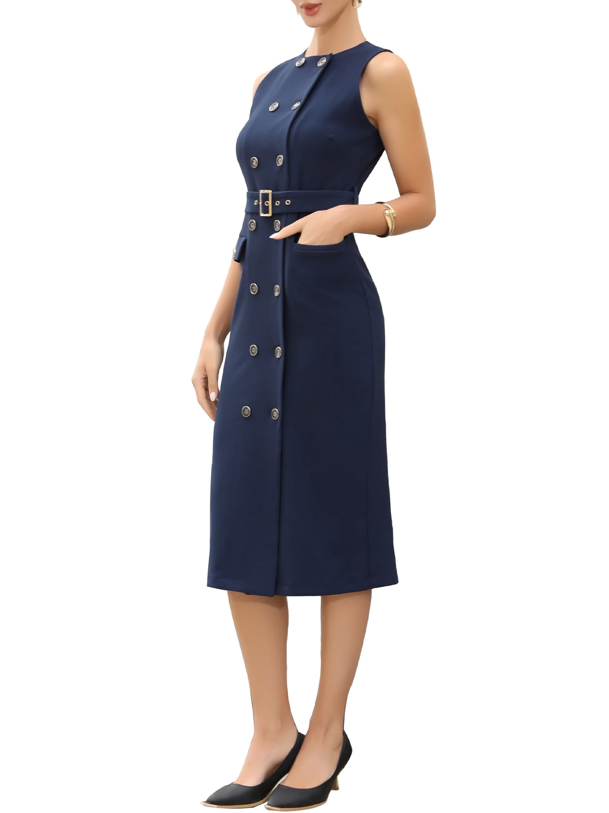 thumbnail image 4 of INSPIRE CHIC Double Breasted Work Dress for Women's Sleeveless Business Crewneck Formal Belted Pencil Dress XS Dark Blue, 4 of 6