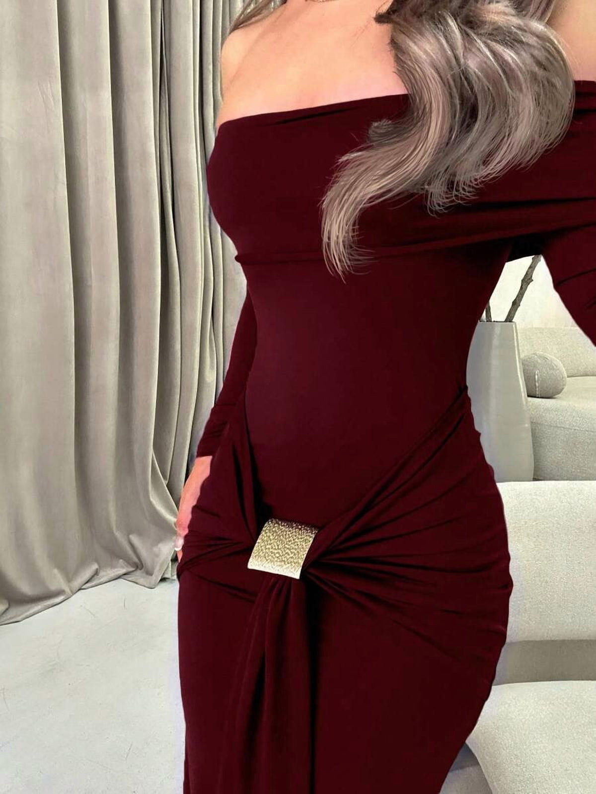 thumbnail image 3 of Elegant Burgundy Off-Shoulder Long Sleeve Maxi Dress with Ornamental Buckle, 3 of 6