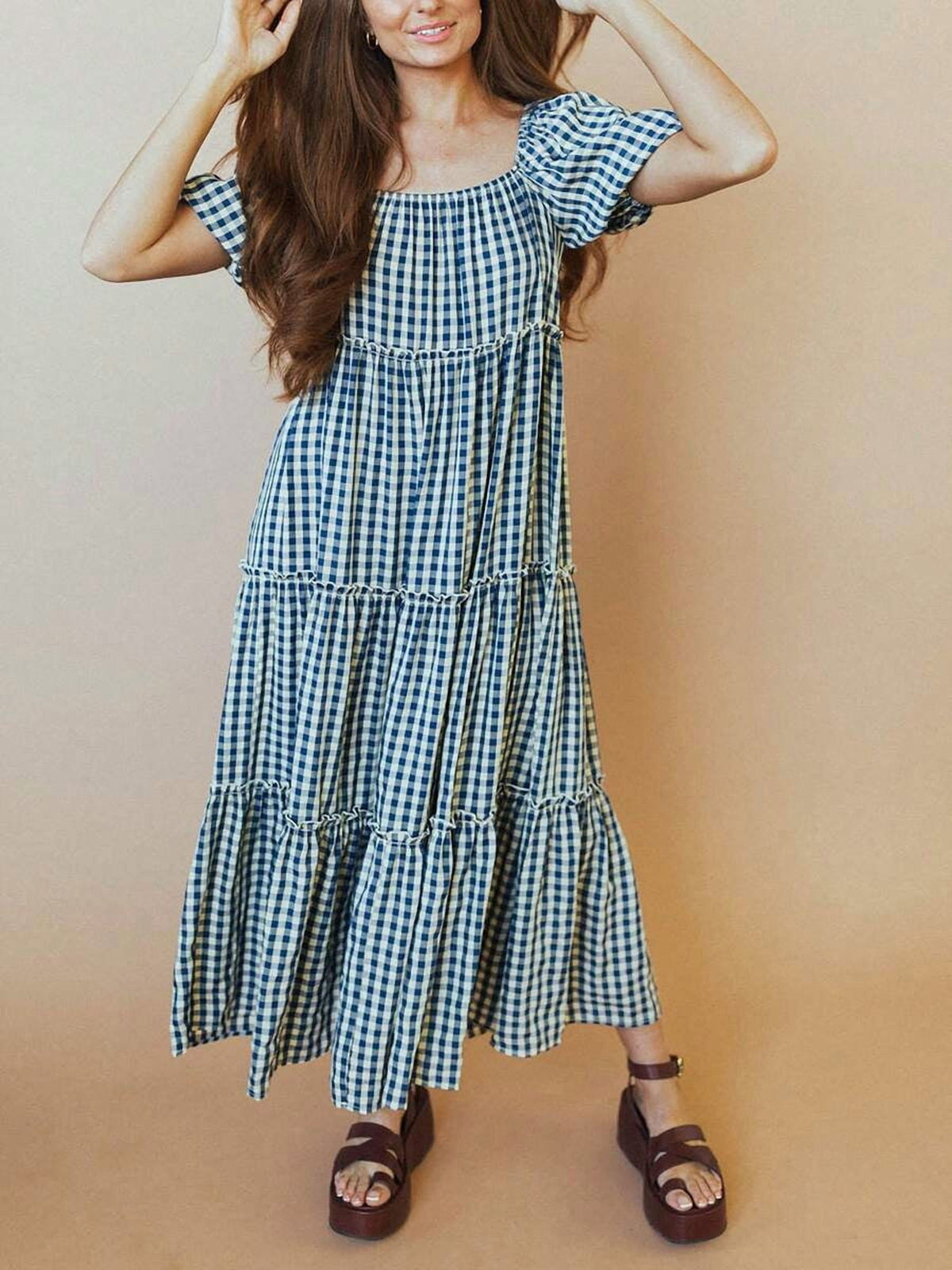 thumbnail image 5 of Womens Rose Red Gingham Tiered Puff Sleeve Square Neck Maxi Dress, 5 of 11